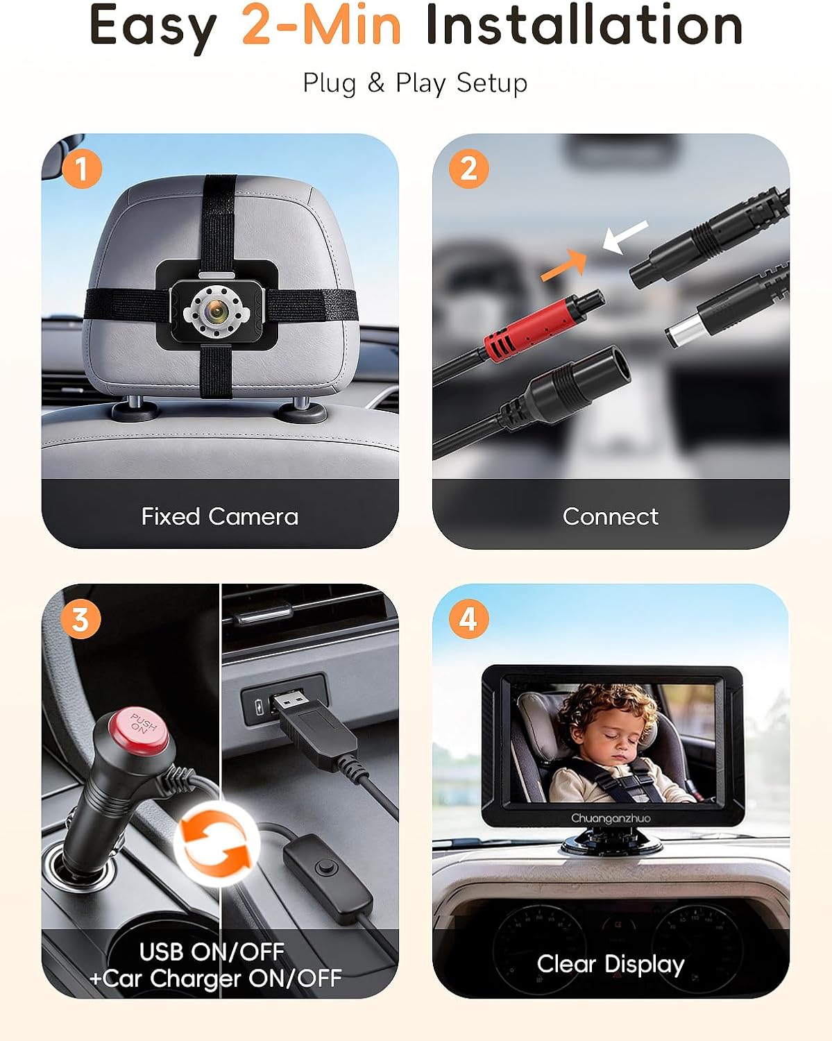 S100C Baby Car Camera USB Powered, Crystal Clear Auto IR Night Vision in Total Dark, Adjust Brightness & 1080P 5" IPS Monitor, 3X Zoom & 360° Rotating Backseat Camera for Rear or Forward-Facing Infant