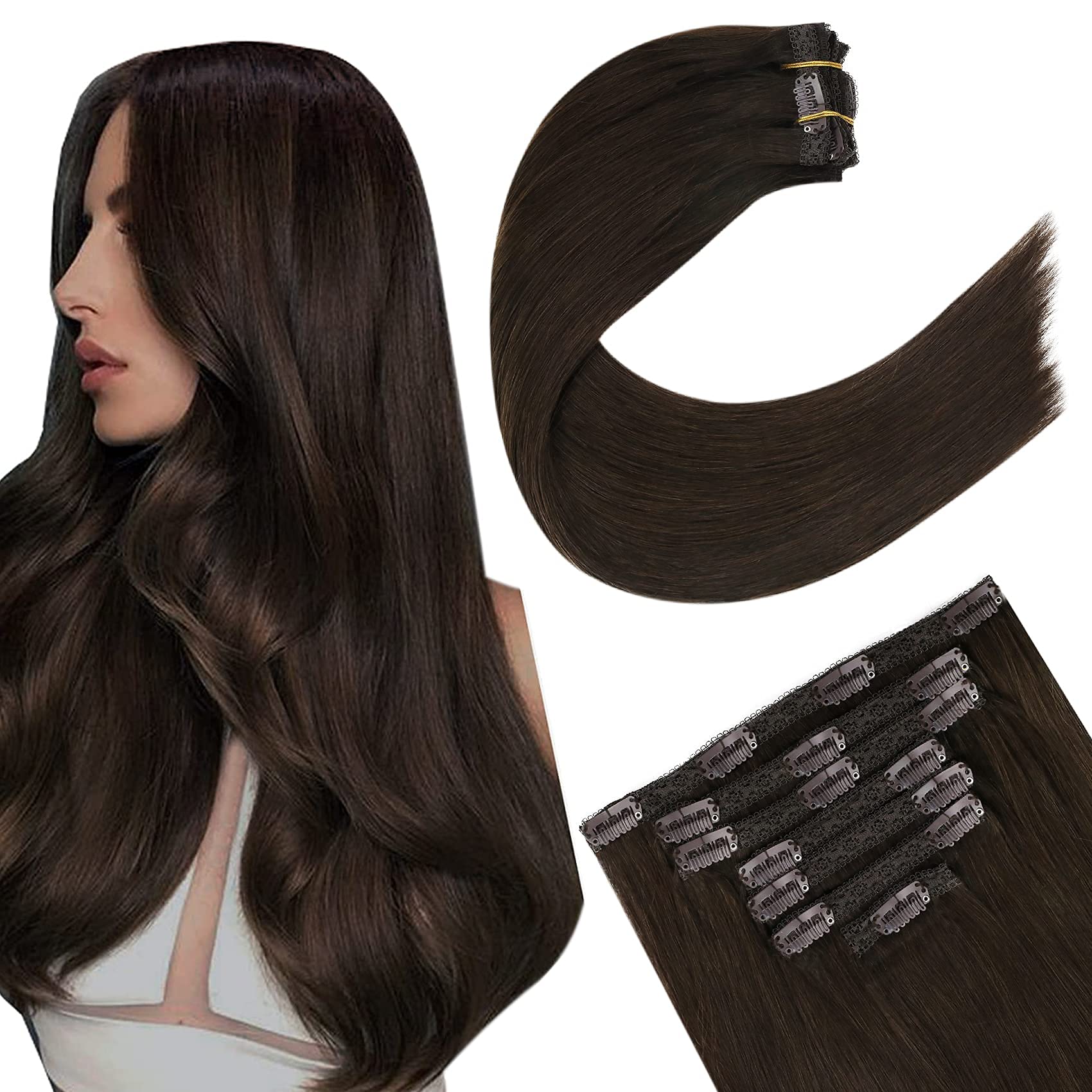 Ugeat 18Inch Clip in Hair Extensions Human Hair #4 Hair Extensions Clip in Dark Brown Hair Extensions Clip in Human Hair Natural 100Gram Double Weft Clip in Hair Extensions 7PCS