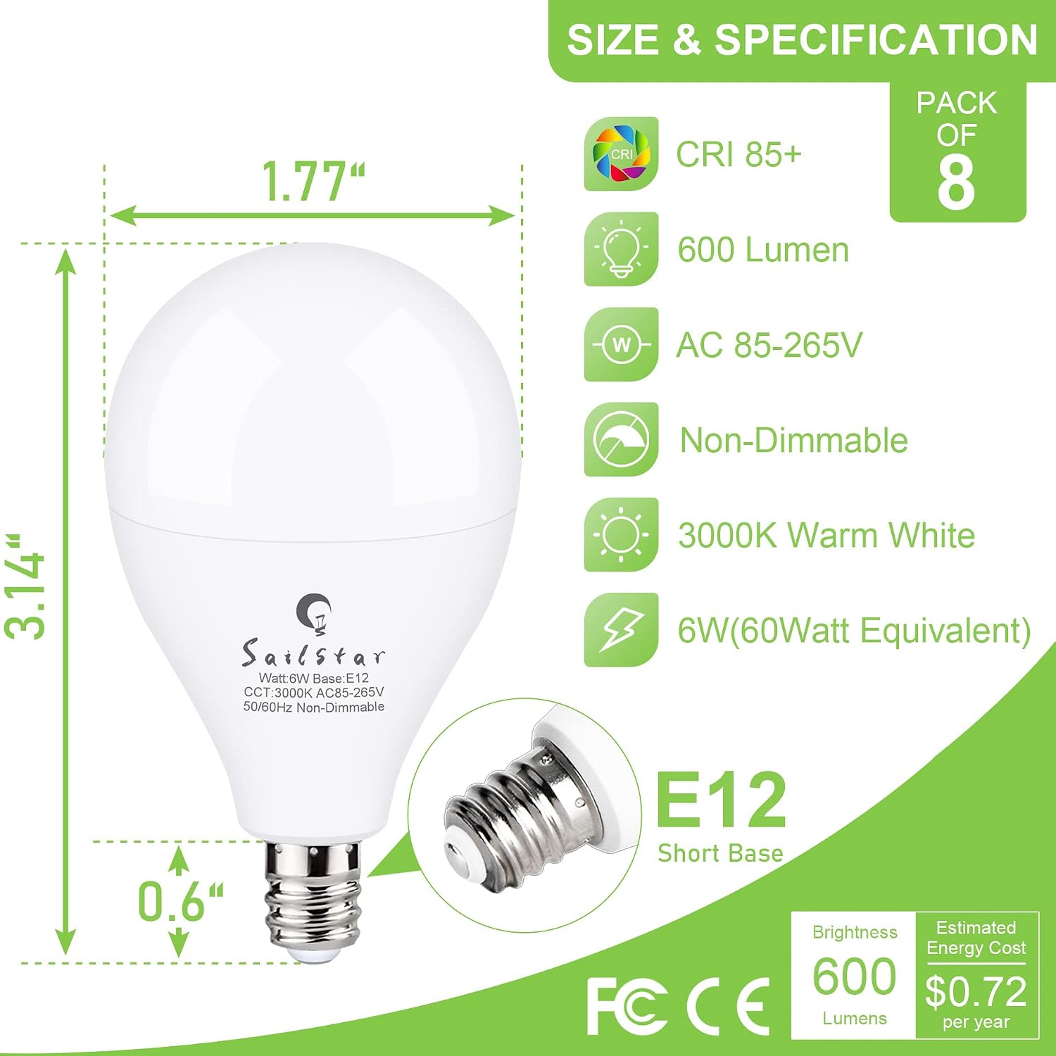 Sailstar E12 LED Bulb 60W Equivalent, 3000K Warm White, 6 Watt Ceiling Fan Light Bulbs, 600 Lumens, Short Base A15 LED Bulb, CRI 85, Non-dimmable, Pack of 8