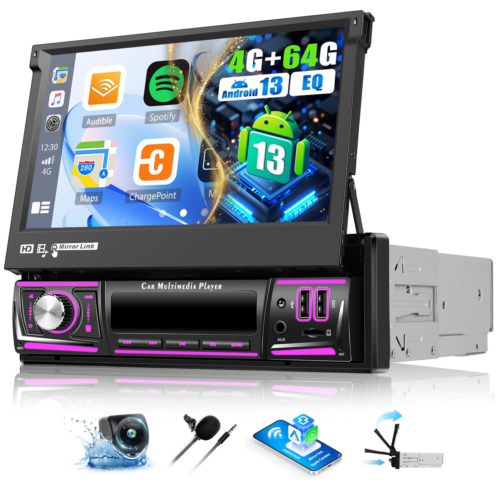 OiLiehu 4G+64G Android 13 Autoradio 1 Din avec CarPlay Android Auto sans Fil, 7“ Rétractable Manuellement Écran Tactile avec GPS WiFi Lien Miroir Bluetooth FM/RDS EQ USB AUX TF SWC Caméra Arrière