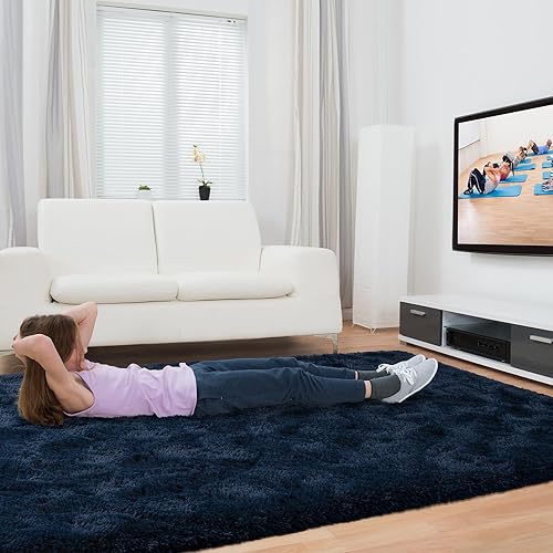 Miniatura 4 de Alfombra mullida para dormitorio, sala de estar, 4 x 6 pies, color azul marino, alfombra lanuda súper suave y moderna, alfombra de felpa mullida