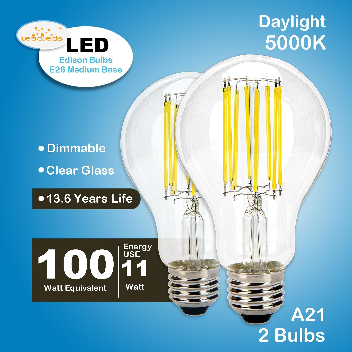 Leadleds LED Edison Bulbs 100W Equivalent, 11W 1500LM 5000K Daylight Dimmable, A21 Vintage LED Filament Bulbs for Home, Office, Restaurant, 2-Pack
