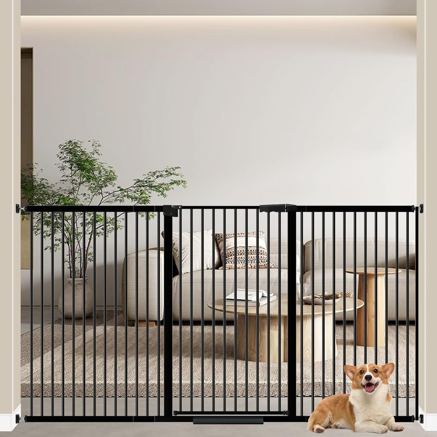 WAOWAO 40.55" Extra Tall 1.37" Ultra Narrow Spacing 45.87-53.74" Extra Wide Dogs Pets Baby Gate Safety Indoor Puppy Pressure Mounted Gate No Drill Black Metal for Stairs,Doorways,Kitchen,Hallway