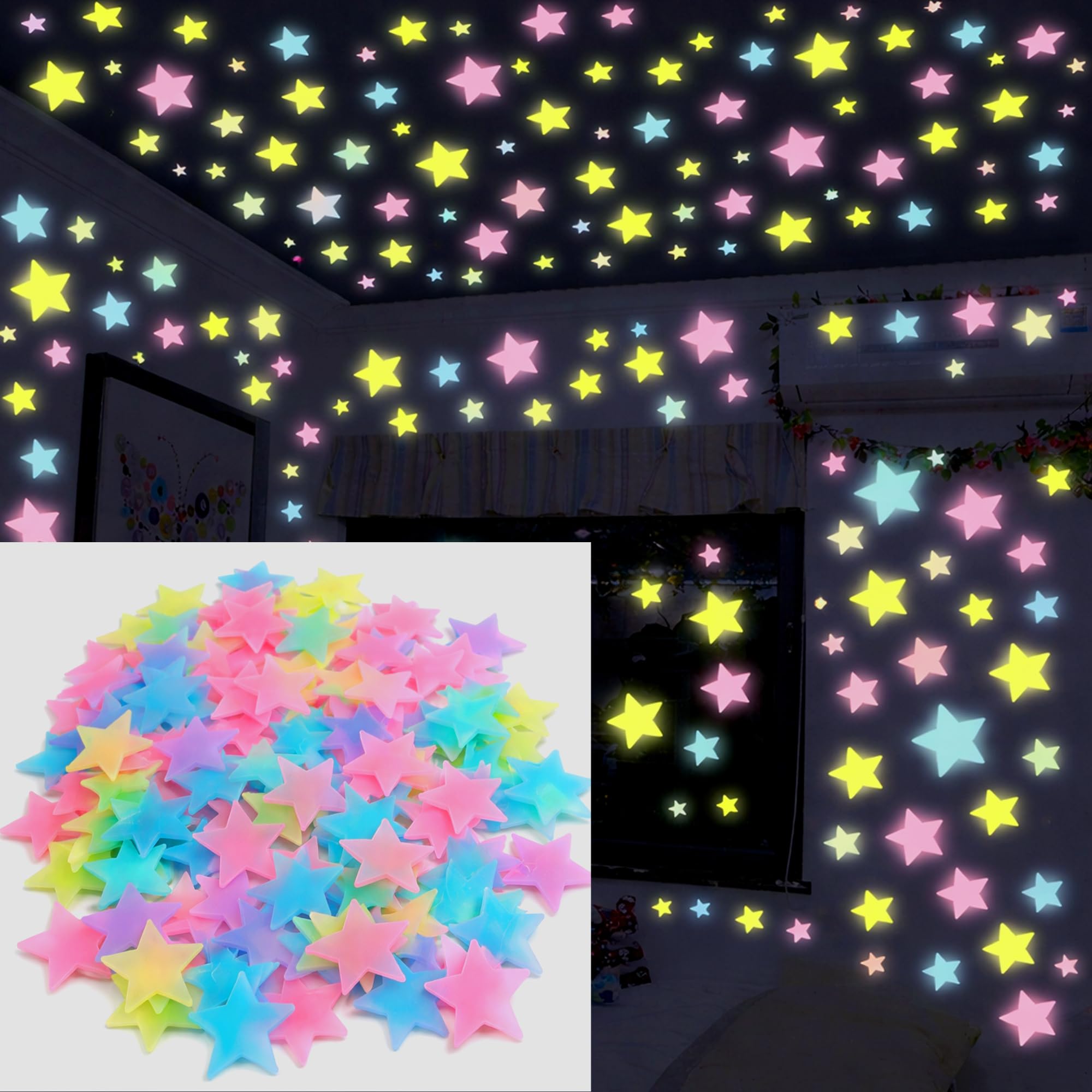 YTM Multicolor Glow in the Dark Stars Wall Stickers 50 Pcs | Fluorescent Night Glow Wall Ceiling Stars | Kids Room Teen Room Home Decor | Non-Toxic Eco-Friendly | Peel Stick Room Decor-image-8
