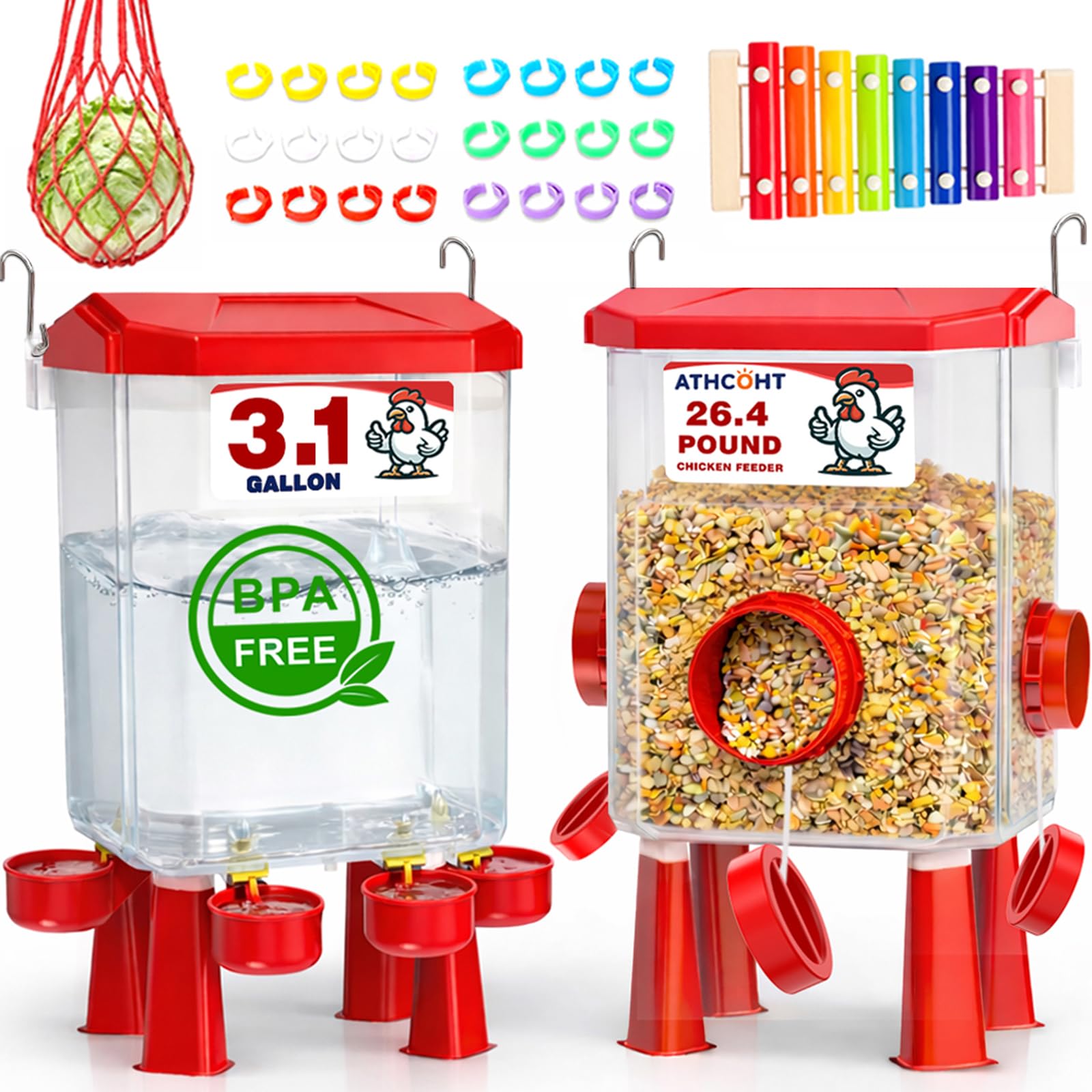 Photo 1 of ATHCOHT Large Chicken Feeder and Waterer Set 3.1 Gallon/26.4 Pounds, Automatic Chicken Waterer with 4 Cups & 3 Feeder Ports No Waste Poultry Feeders & Waterers, Chicken Coop Accessories for Hens/Poult