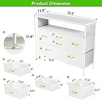 Vista 17 de Cómoda para dormitorio, soporte de TV con tomas de corriente y luz LED, cómoda de 6 cajones con bolsillos laterales y ganchos, cómoda ancha