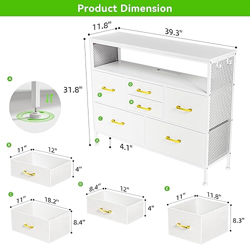 Miniatura 3 de Cómoda para dormitorio, soporte de TV con tomas de corriente y luz LED, cómoda de 6 cajones con bolsillos laterales y ganchos, cómoda ancha con