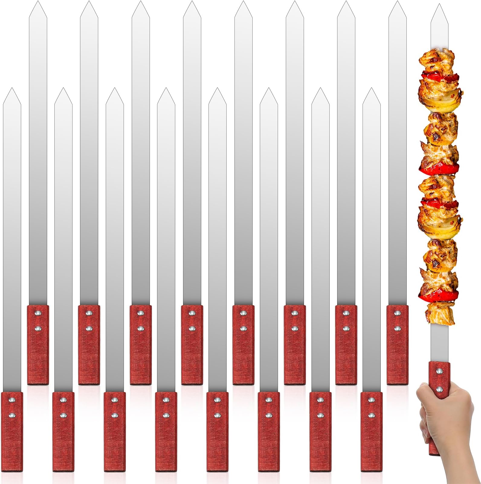 Zhehao 16 Pcs Heavy Duty Kabob Skewers 1 Inch Wide 2 mm Thin Kabob BBQ Stainless Steel Metal Skewers for Grilling with Wooden Handles, Silver(23 Inch Long)