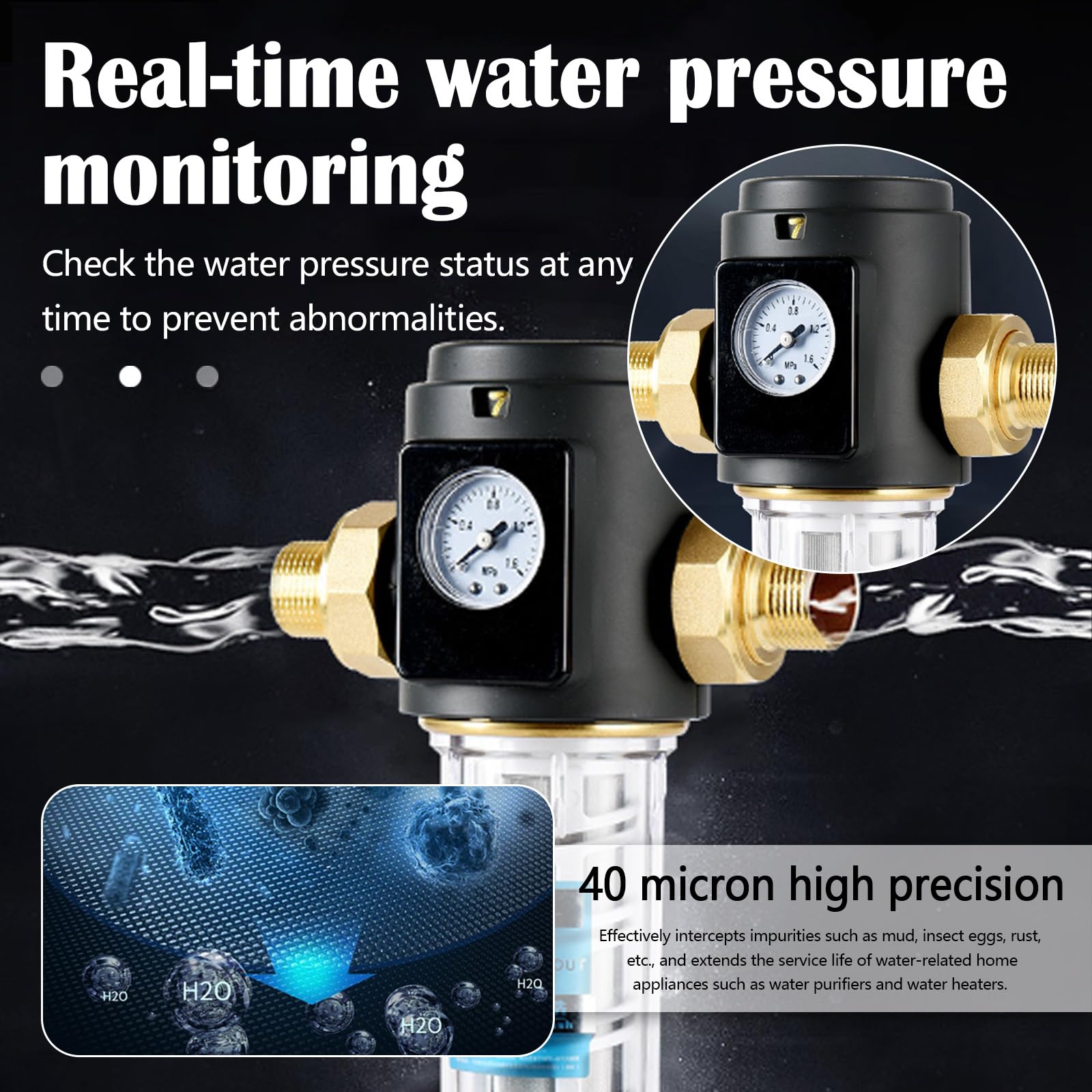 Filtro di risciacquo con manometro, filtro dell'acqua, collegamento domestico, 1/2 pollici, filtro dell'acqua per casa, precisione di filtrazione riutilizzabile, 40 micron, flusso di esportazione