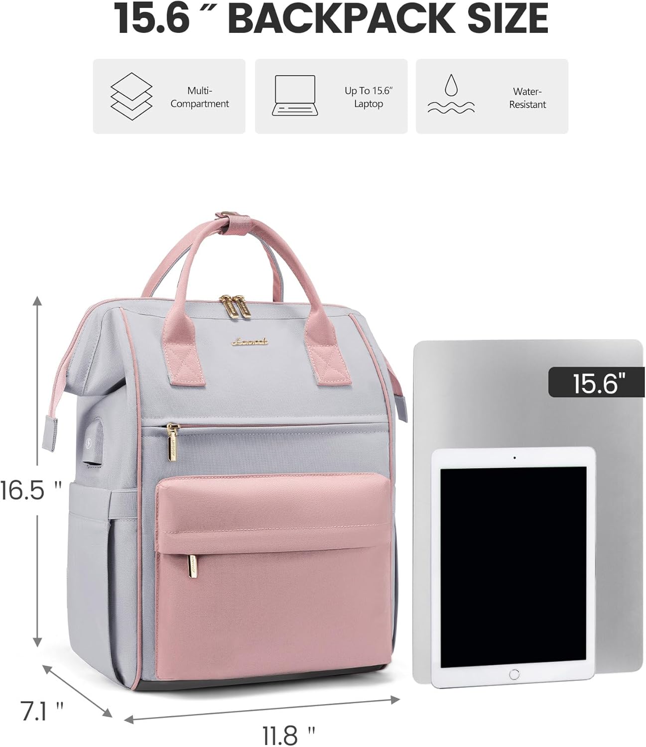 LOVEOVOOK 15.6 Inch Laptop Backpack for Women, Large Capacity Travel Backpack with USB Charging Port, Waterproof Work Backpack for Business, College, Nursing & Airline Travel,Pink&Gray - Image 2
