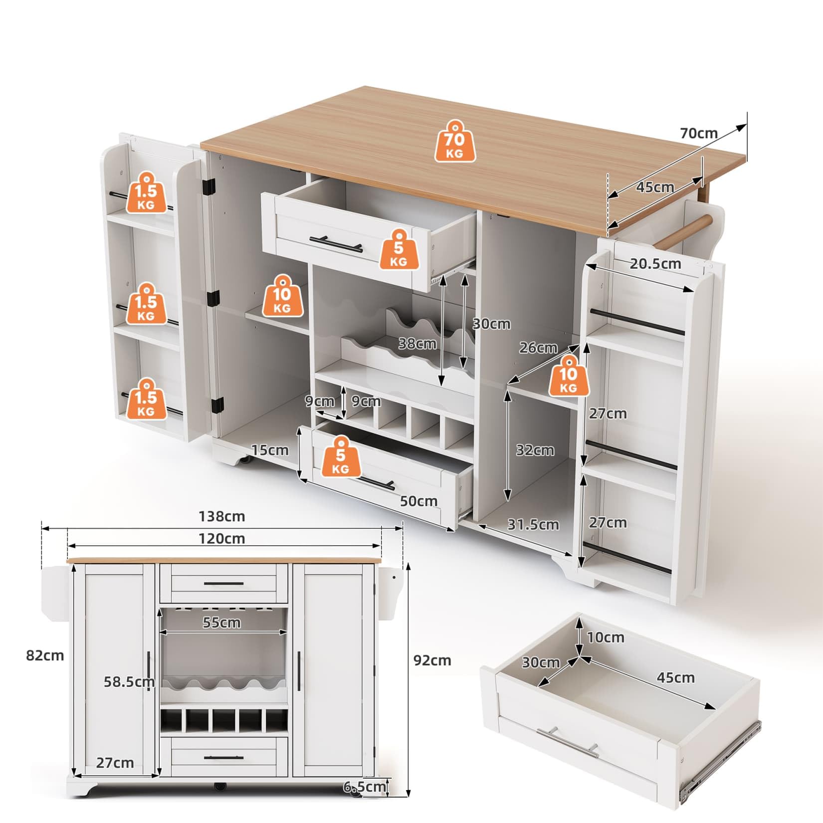 Îlot Central Cuisine avec Porte-Bouteille,Plan de Travail(D-Blanc) | Porte-Verres à vin,2 Tiroirs,Étagères Réglables,Étagère à épices,pour Cuisine