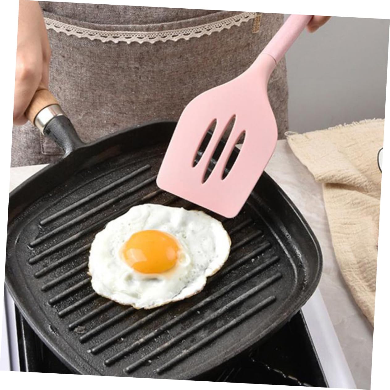 Cabilock Set De Utensilios De Cocina De Silicona Espátula Cucharón Pala Colador Cuchara Mango De Madera Diseño Ergonómico