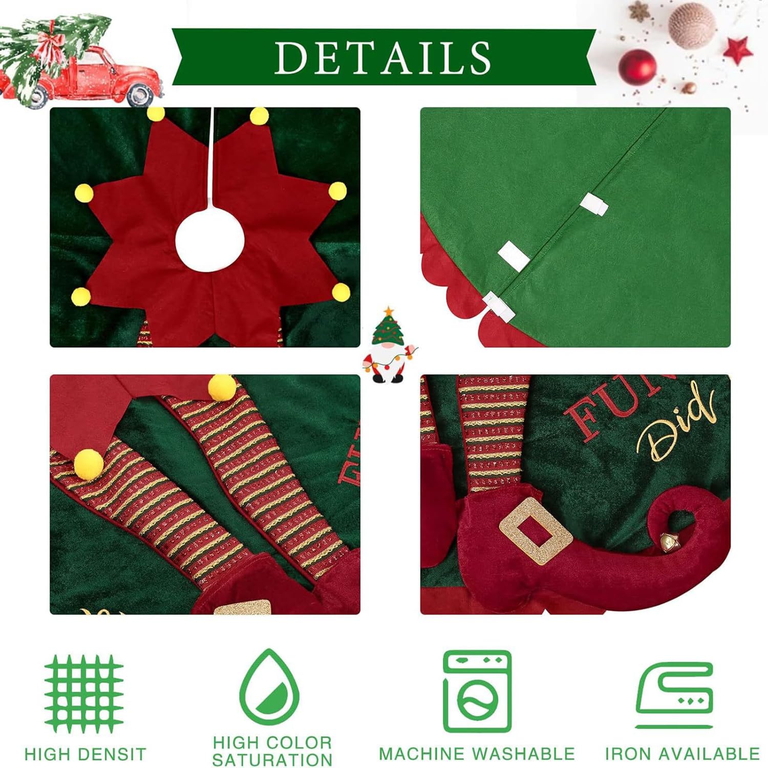 Gonna per albero di Natale, 124,5 cm, verde e rosso, copertura in velluto per albero di Natale con gambe di elfo, decorazione per interni ed esterni