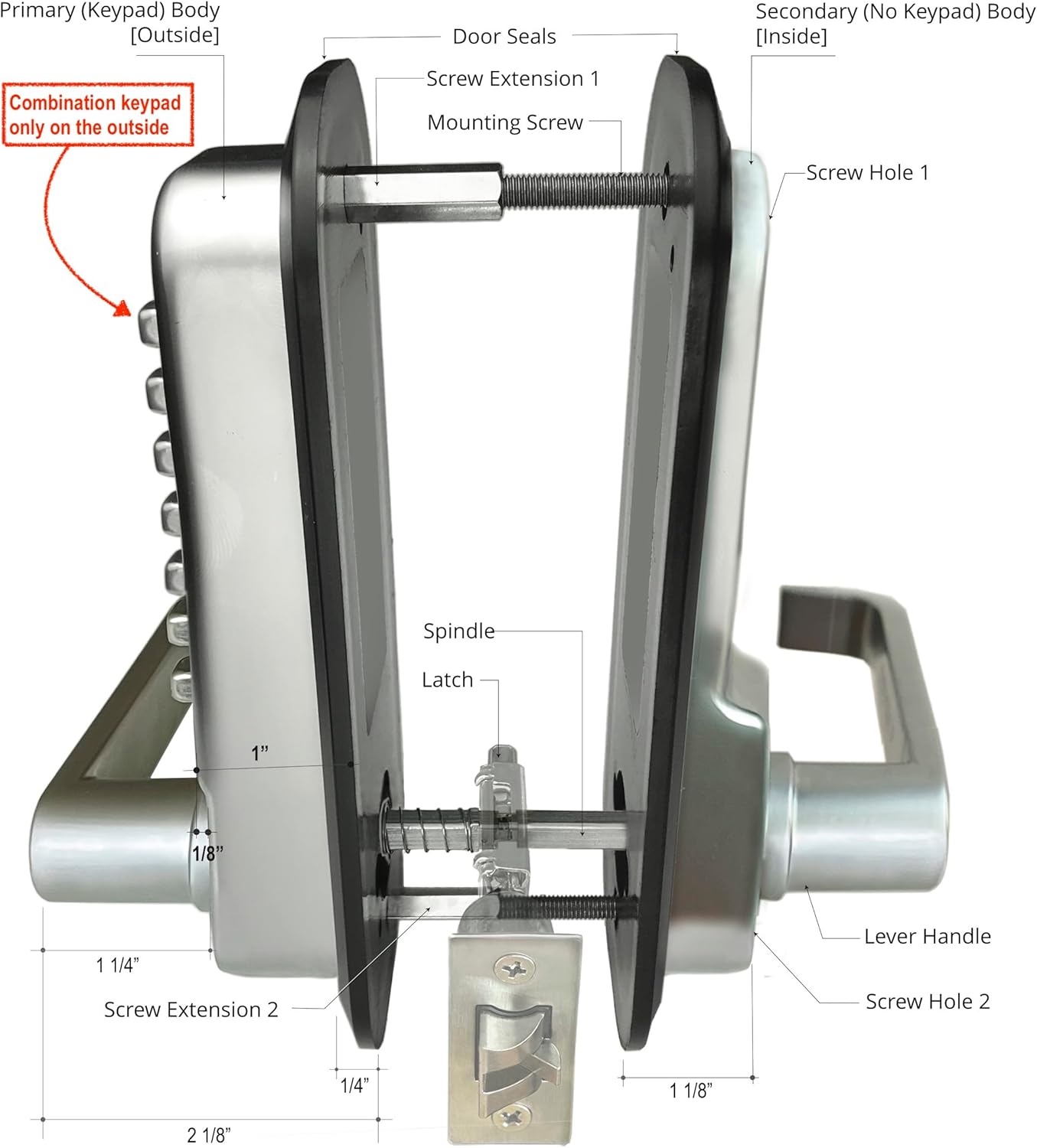 Выбухнуў view of the door lock showing internal components like the spindle, latch, and screw extensions.
