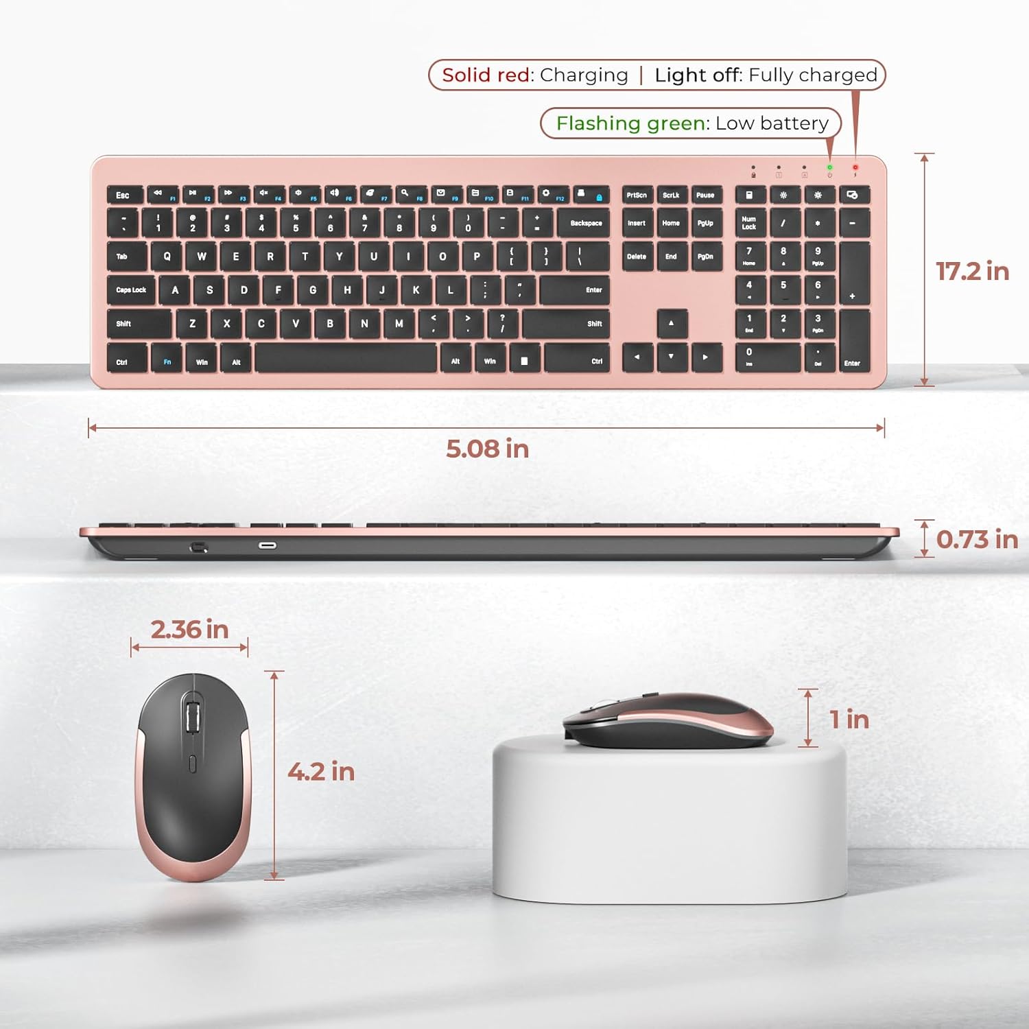 seenda Rechargeable Wireless Keyboard Mouse Combo Full Size Cordless Keyboard & Mouse Sets with Build-in Lithium Battery Ultra Thin Quiet Keyboard Mice (Rose Gold & Black)