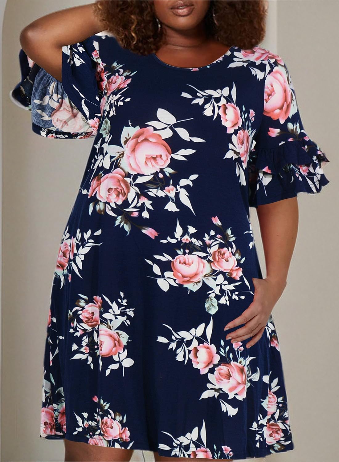 Nemidor Plus Size Casual Dresses for Curvy Women Summer Ruffle Sleeve T-Shirt Swing Mini Dress with Pocket 14-26 - Image 3