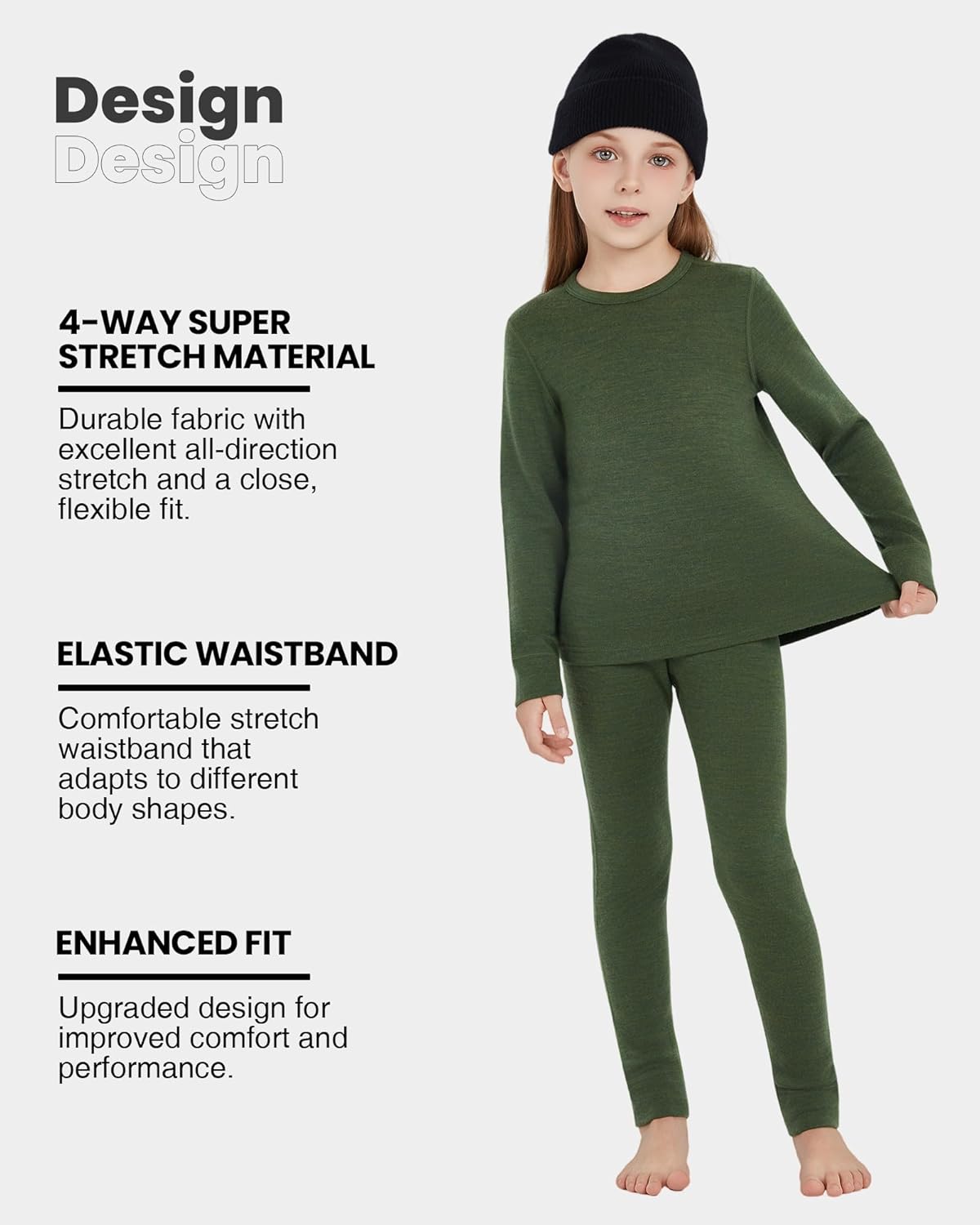 Unisex Kids' 100% Merino Wool Base Layer Sets - Light and Midweight Thermal Underwear Gifts Pack with Wool Beanie
