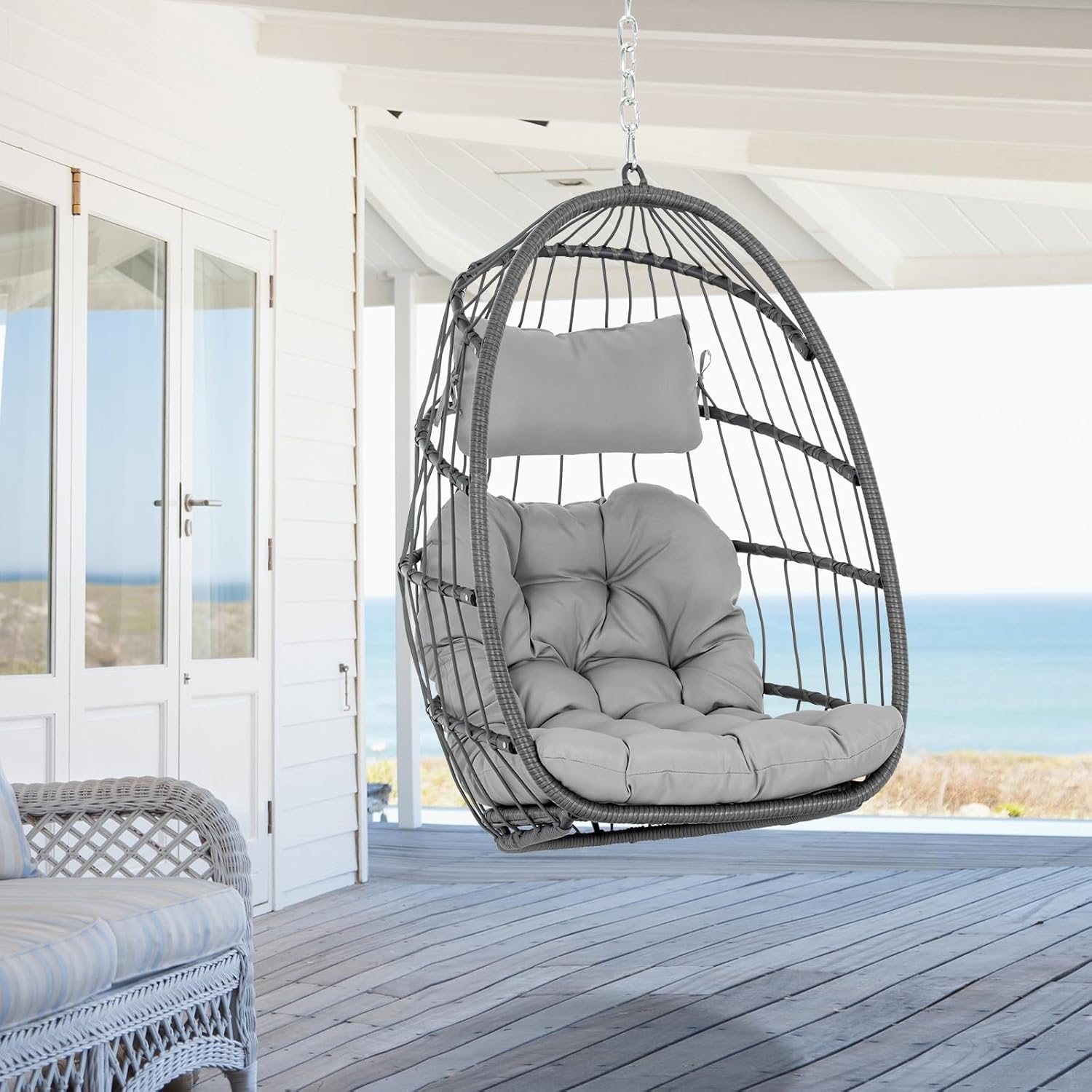 Hanging Egg Chair - Patio Rattan Wicker Swing Egg Chair Hammock Chair for Indoor Outdoor Bedroom Garden - Aluminum Steel Frame UV Resistant Cushion (Aluminum-Without Stand, Dark Grey)