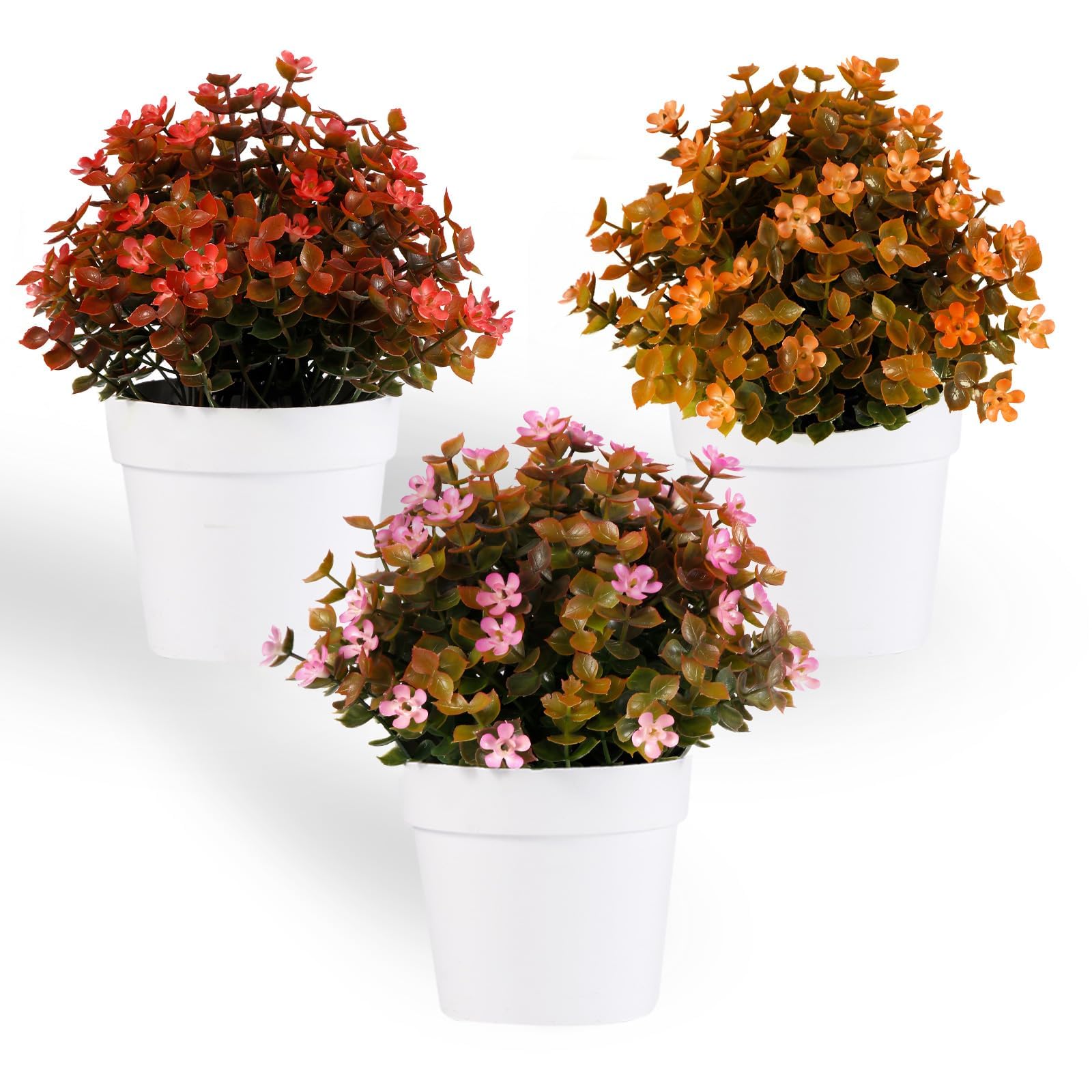 msymsyu 3 Pcs Small Fake Plants in Pots 19cm Artificial Potted Flowers Faux Potted Plants – Plastic Flowers Pots Suitable for Living Room Office and Outdoor Table Decor (Red Pinkish-Purple Orange)