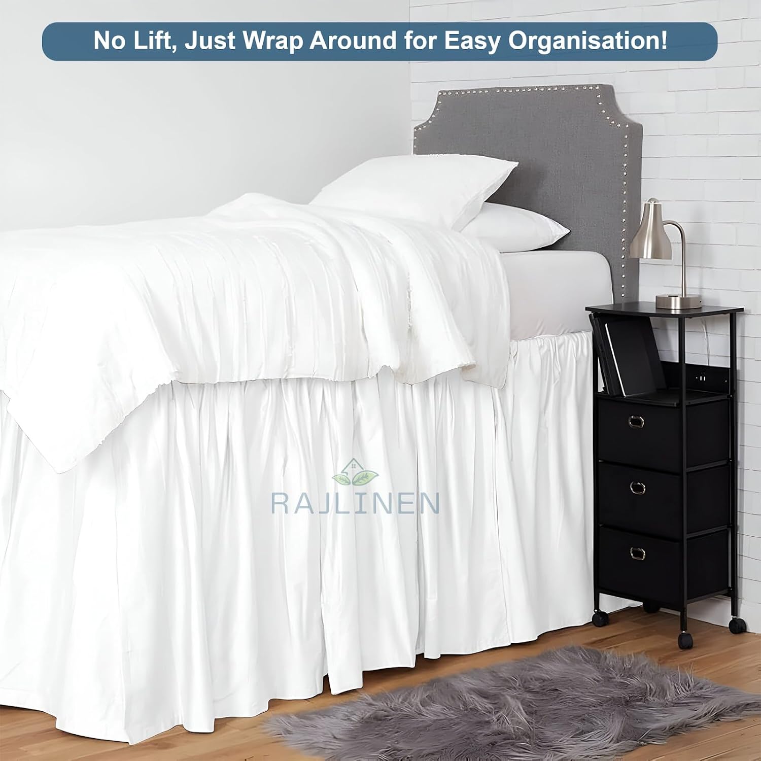 Rajlinen Extra Long Dorm Bed Skirt, 60" Tailored Drop Dust Ruffle, 100% Microfiber, Wrinkle-Resistant, Easy Fit College Bedding Essential Perfect for Lofted Beds, Twin XL, White