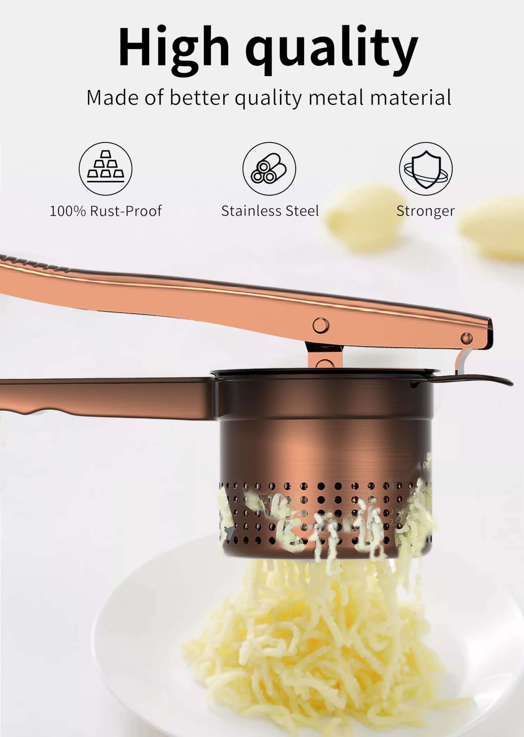 GloTika Großer Kartoffelstampfer mit ergonomischem Griff, Stampfer und Presse, Küchenwerkzeug für Kartoffelpüree, Nudelmaschine, 425 ml, bronzefarben