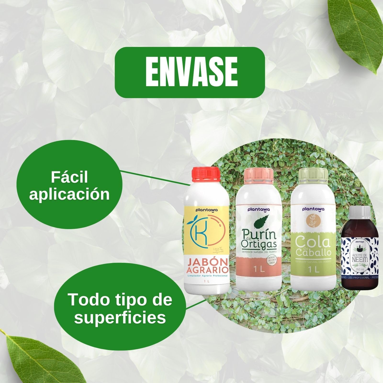 PLANTAWA Protección TOTAL: Jabón Potásico 1L, Aceite de Neem 250ml, Purín de Ortiga 1L, Cola de Caballo 1L | Solución Versátil | Fácil Aplicación | Cuidado Eficaz y Seguro