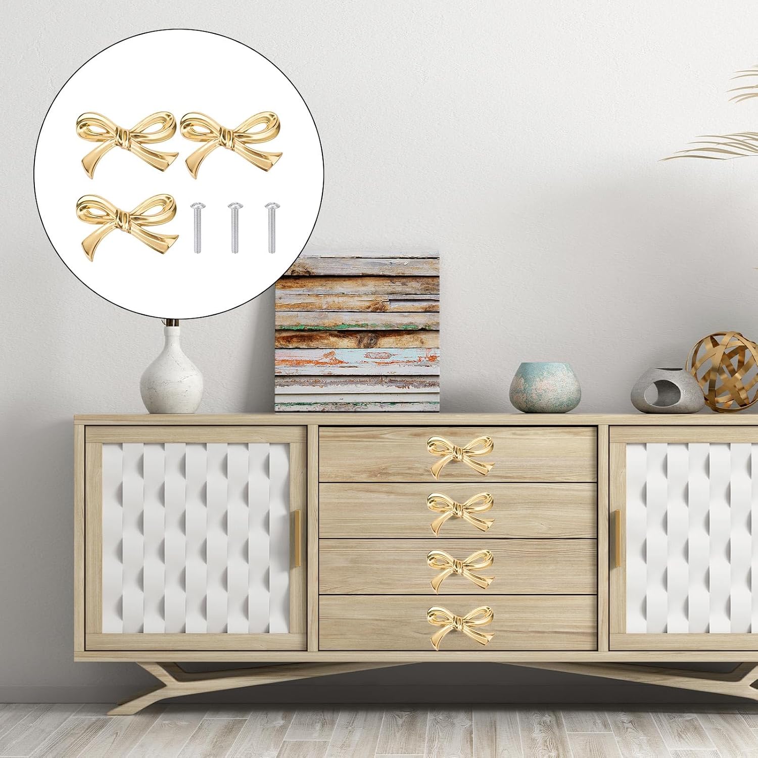 3pcs Bow Shape Dresser Knobs, Gold Bow Drawer Cabinets Knobs Decorative | Bow Dresser Handle Gold Bow Hardware for Dresser Home Kitchen Furniture Door Cupboard Drawer Wardrobe Pulls