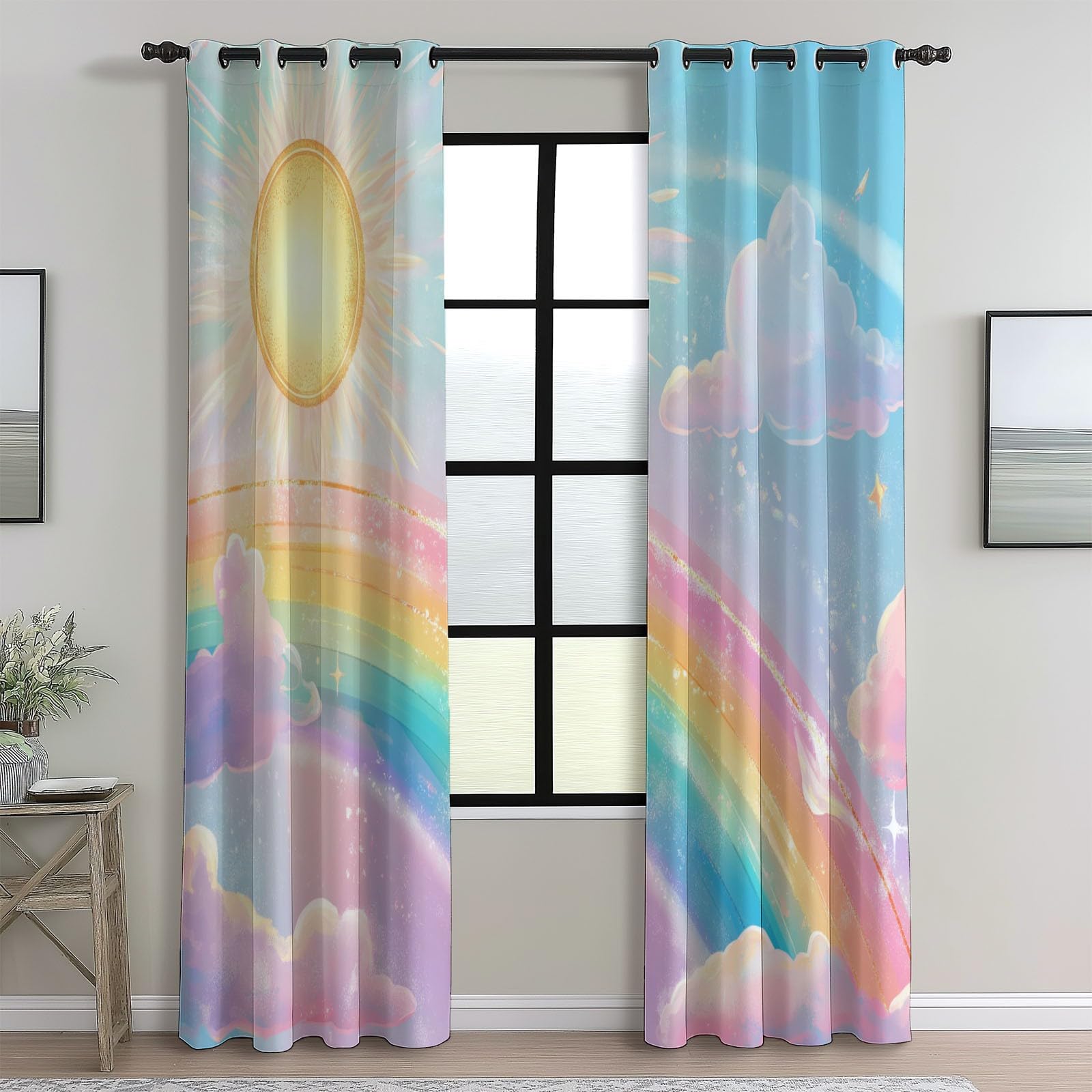 Jaune Bleu Rideau Occultant Thermique Isolant Dégradé Nuages Soleil 3D Imprimé Tenture Opaque à Oeillets Isolation Lumiere UV Decoration Chambre Salon, 91.5L X 214H cm (2 Panneaux)