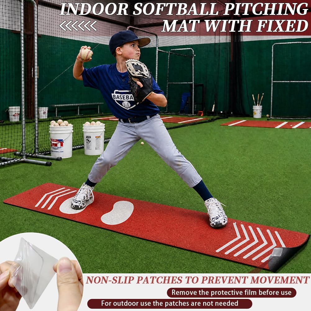 Softball Pitching Mat 54 X 12 in Non-Slip Batting Trainer Mat for Beginner | With 10 Adhesive Patch, Foot Placement Guide Shock Absorbing Auxiliary Tool, Batting Stance Baseball Practice