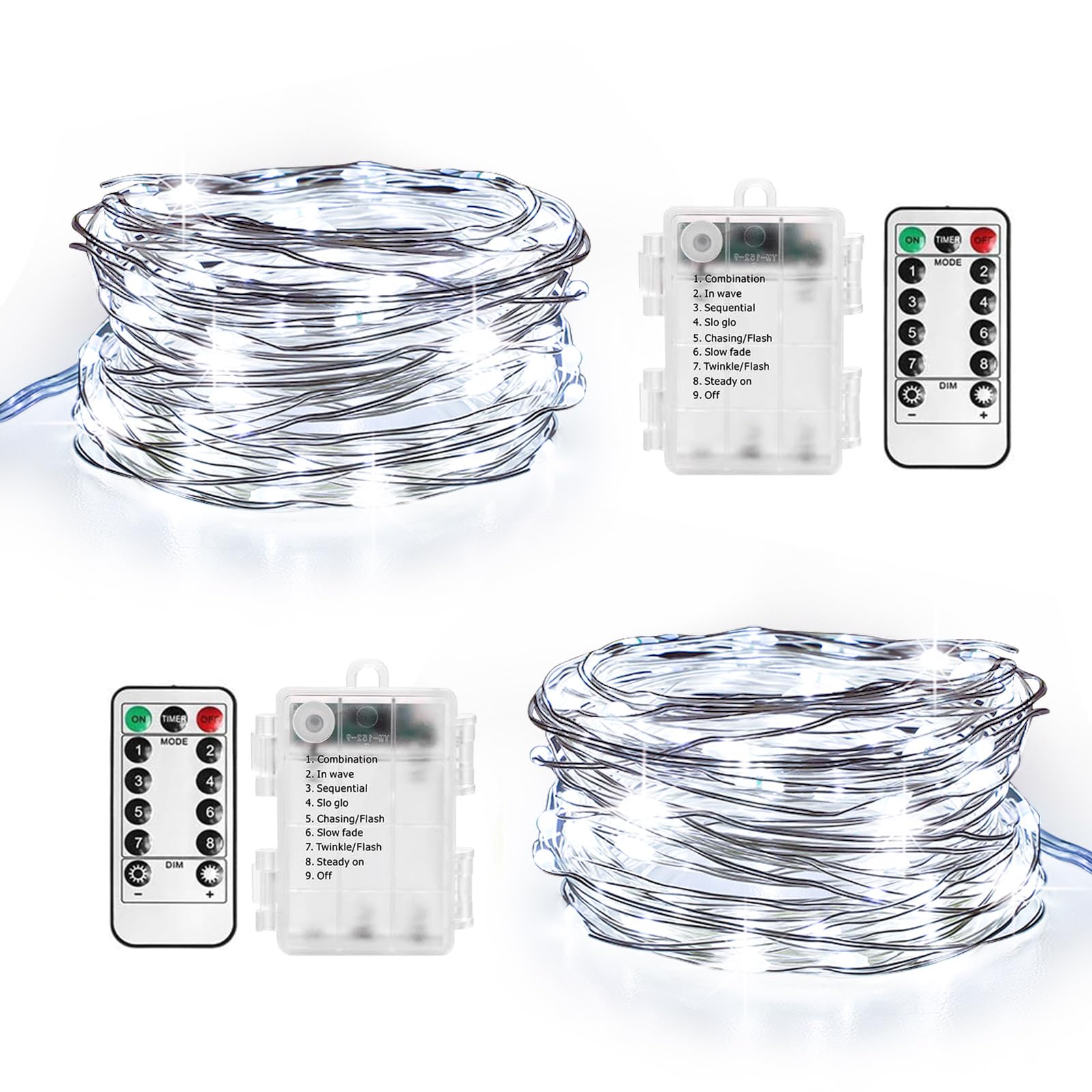 Annefly Paquete de 2 guirnaldas de luces LED de 10 m que funcionan con pilas, impermeables, de alambre plateado, con 8 modos de luz y control remoto para interiores, exteriores, Halloween, luz navidad