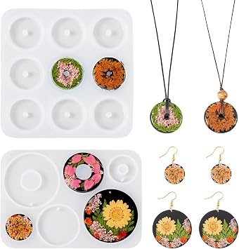 Beadthoven 2Pcs Silicone Pendant Molds Flat Round Donut Resin Casting Molds 2 Styles Disc Circle Resin Epoxy Mould for DIY Crafts Jewelry Casting Necklace Earrings Pendant Keychain Charms