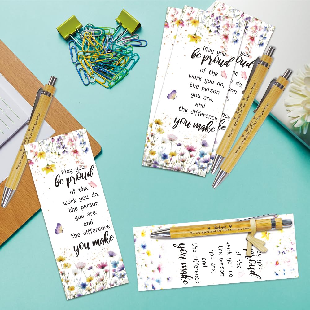 WEBEEDY Set di 36 penne in bambù con note ispiratrici e segnalibro a forma di fiore
