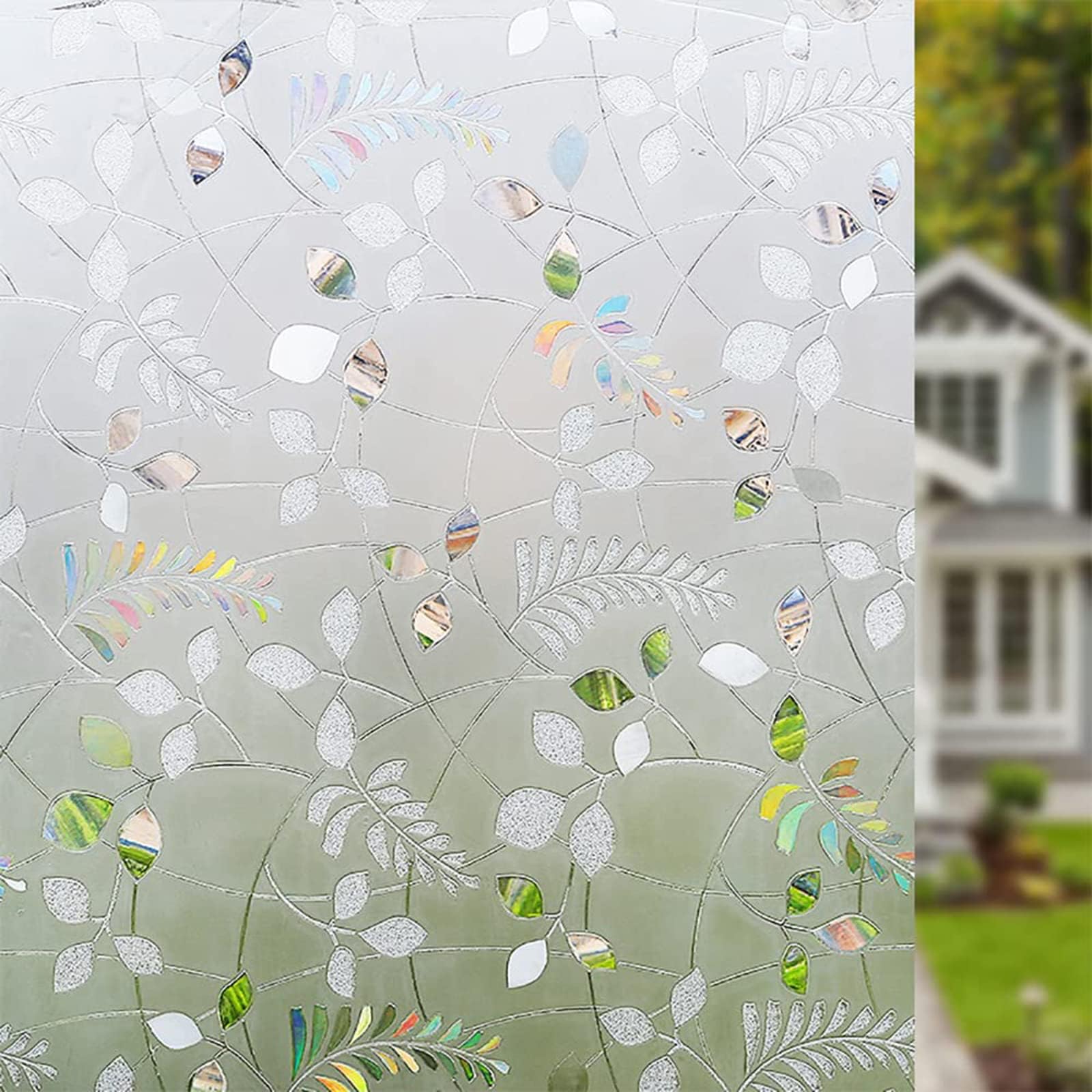 KASTWAVE 3D Privacy Window Film - Leaves Self-Adhesive Glass Film, Anti-UV Static Frosted Removable Sticker for Bathroom, Kitchen, Living Room Decoration (17.7x39.5in)