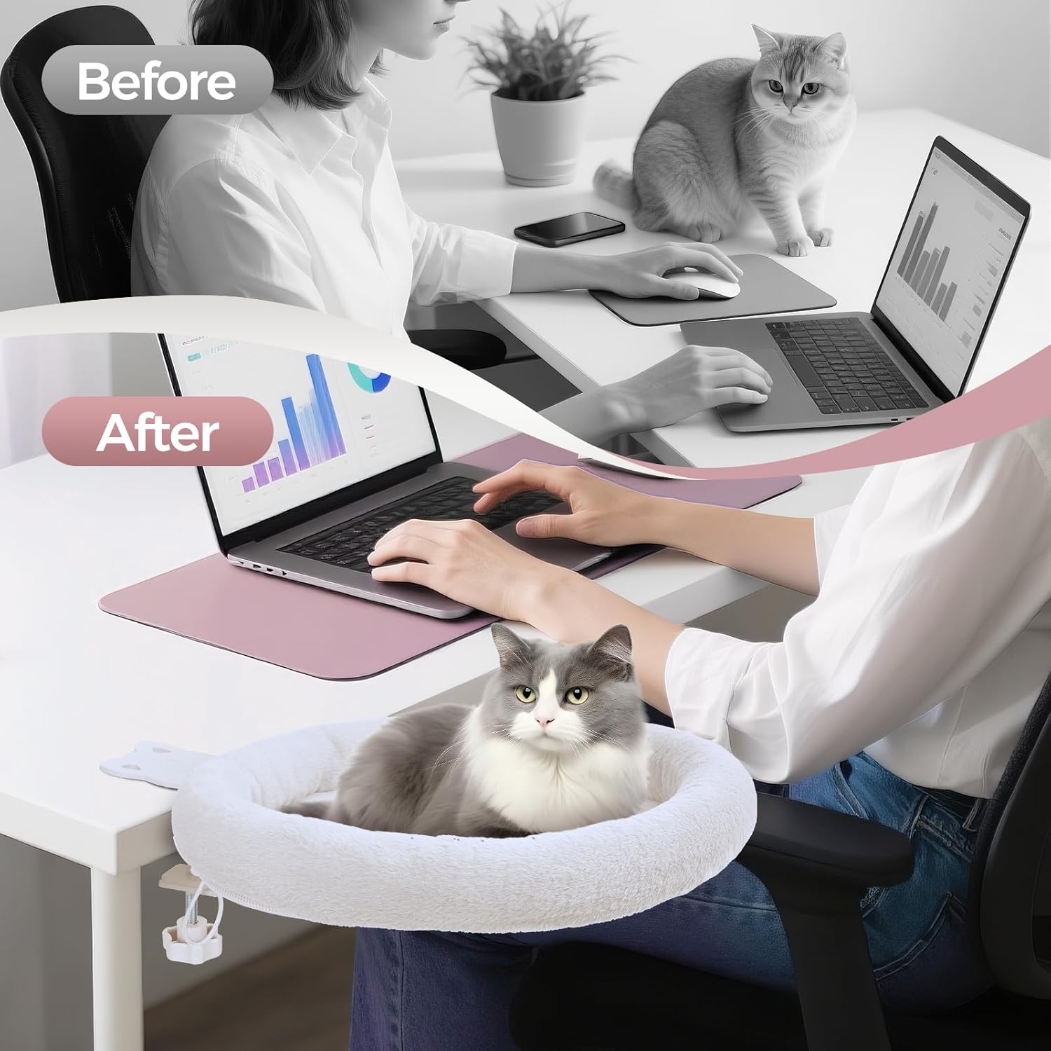 Cat Desk Bed,Steel Cat Bed for Desk,Easy to Assemble,Machine Washable and Detachable Easy to Clean,180° Rotating Cats Hammock Desks for Office Game Tables,Supports to 40lbs(White)