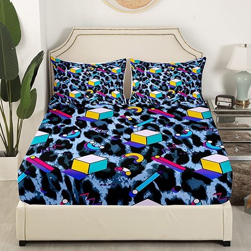 Miniatura 3 de Juego de sábanas con estampado de leopardo azul tamaño queen sábanas de piel de animales salvajes vintage de los años 80 y 90 de Memphis para hombre