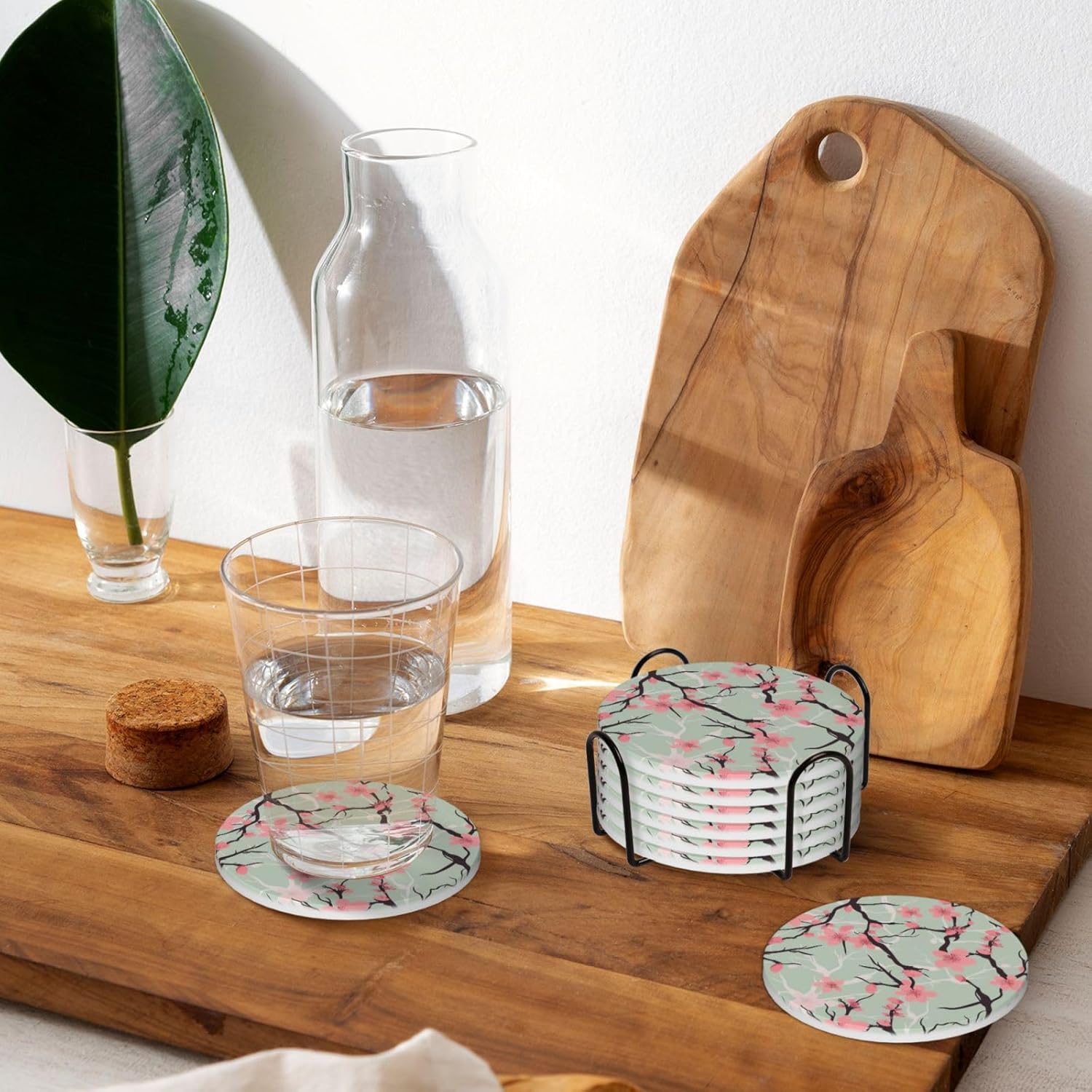 ドリンクコースター6枚セット セラミックコースター ホルダー付き 桜 ラウンドコースター ドリンク用 卓上保護 カップマット 耐熱コ