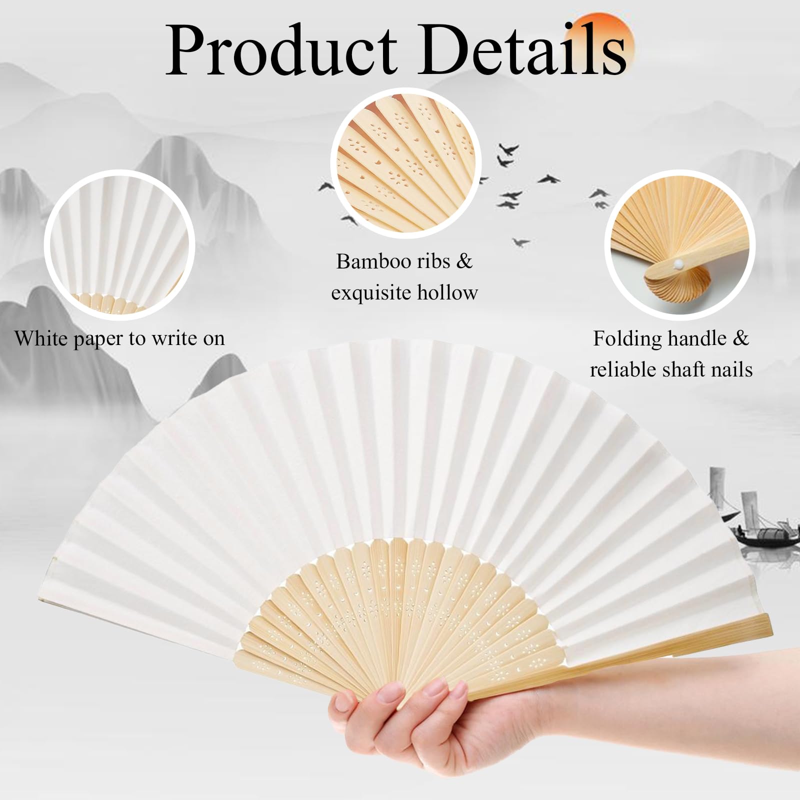 6 Pièces Eventail Blanc Manche pour Mariage et Fête - Bricolage Cadeaux, Décoration Murale, Eventail Papier Pliants Personnalisable