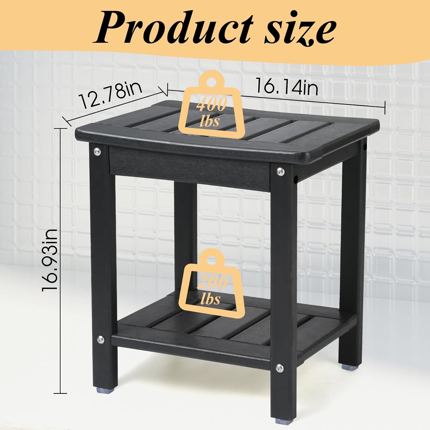 Apolimi Shower Chair,HDPE Shower Bench for Inside Shower to Sit On It, Shower Stool with Storage Shelf 2-Tier Spa Stool for Elderly,Water Resistant & Non-Slip Design Shower Seat Bench (Black S Size) image 3