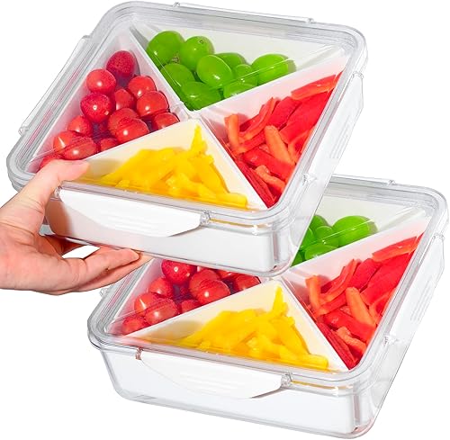 Paquete de 2 bandejas de verduras con tapa para organizador de refrigerador, contenedor dividido para aperitivos con 4 compartimentos para servir
