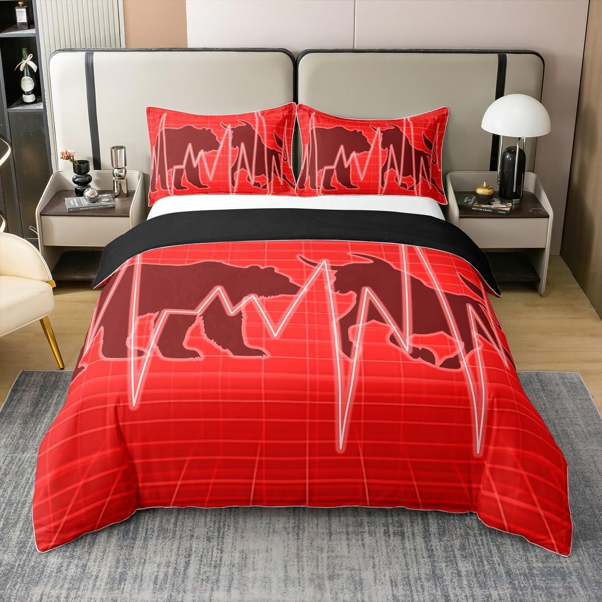 Manfei 100% Cotton Bear and Bull Silhouette Duvet Cover,Nature Wild Animal Fight Comforter Cover(No Filler),Geometric Neon Red Plaids Heart Waves Patchwork Decorative Quilt Cover,3Pcs Full Size