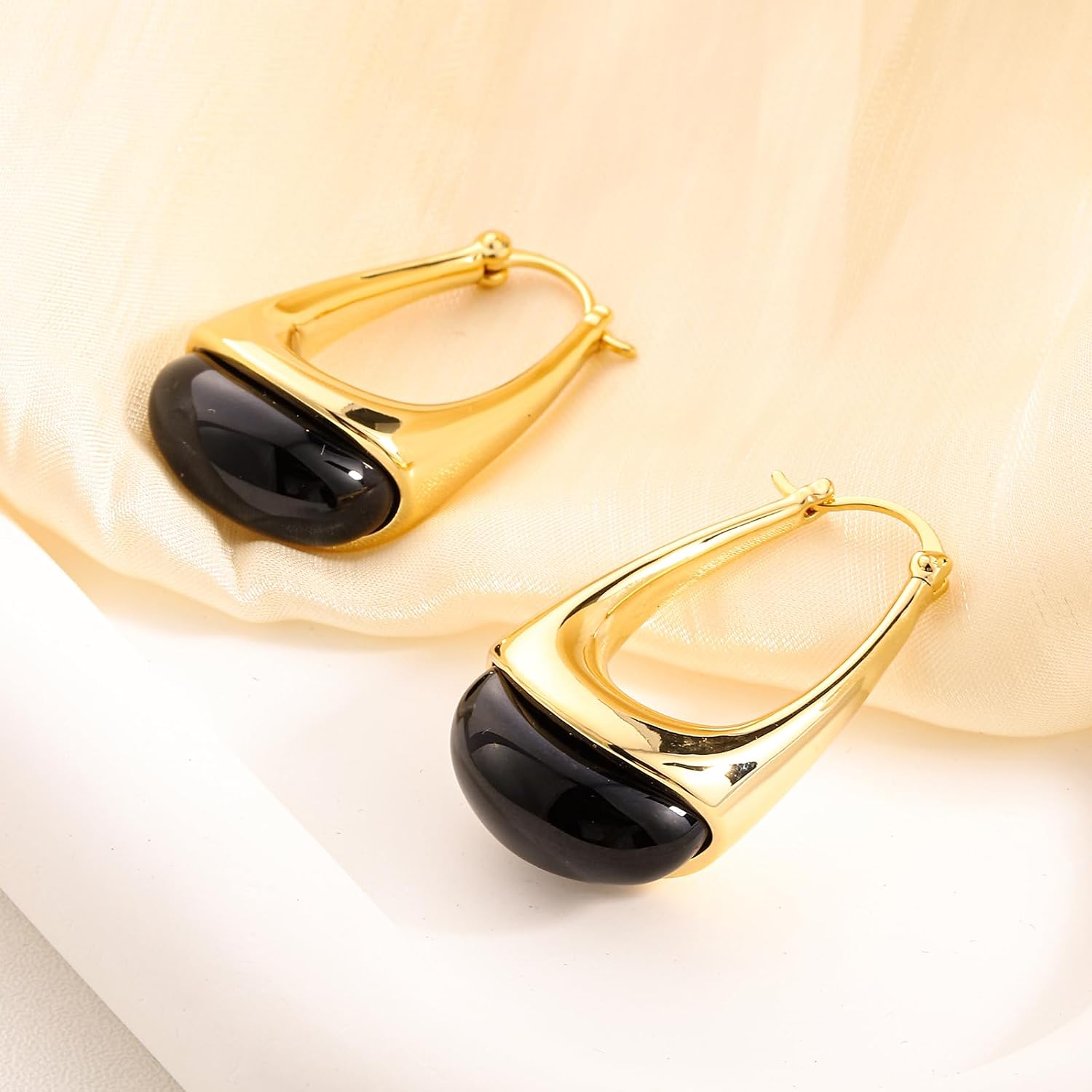 Amber Resin Hoop Earrings for Women 14k Gold Plated - Hypoallergenic Chunky Gold Hoops, Acrylic Tortoise Shell Teardrop Earrings, Lightweight Vintage Jewelry