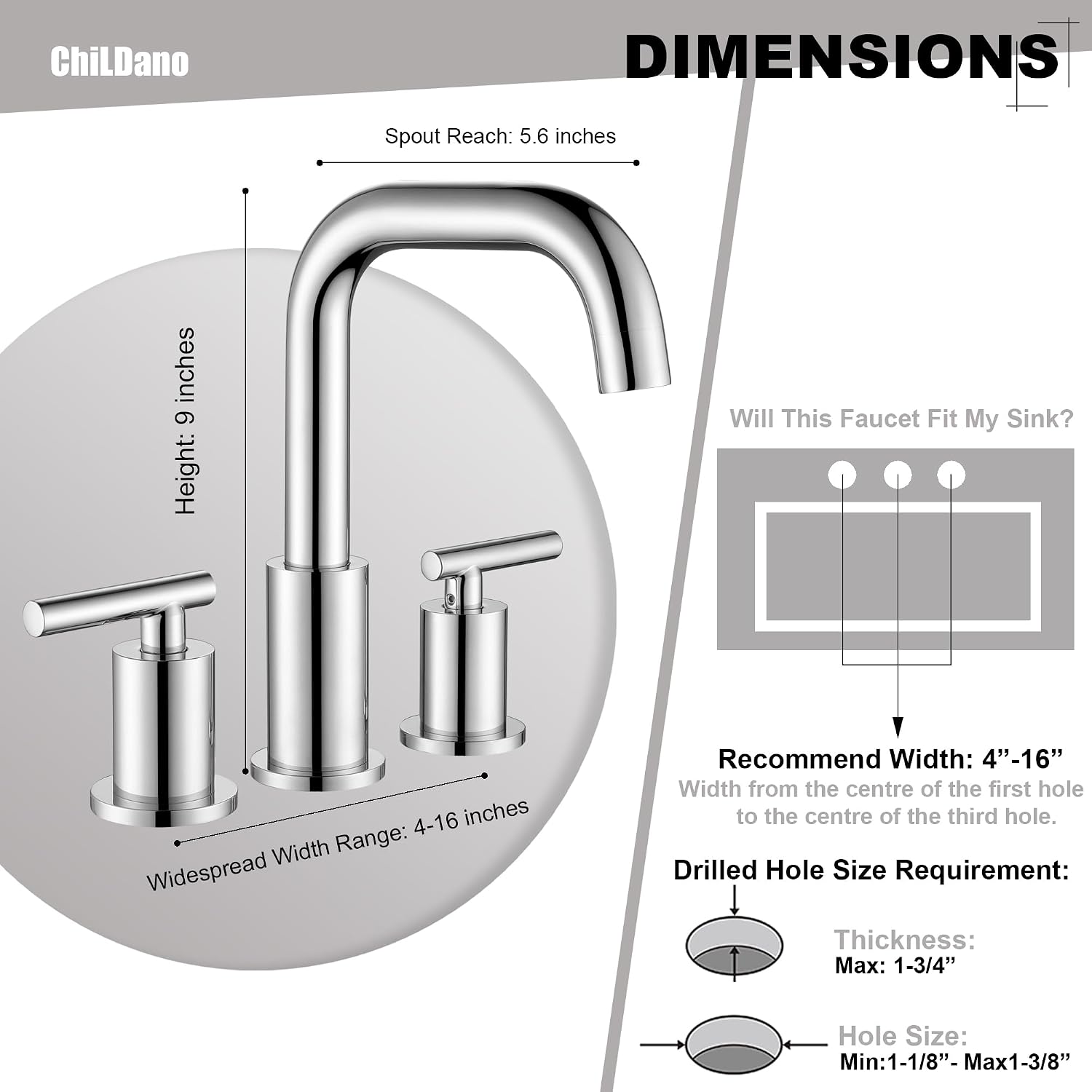8 inch Widespread Bathroom Faucet, 2 Handle 3 Hole Bathroom Faucet Chrome with Sink Drain and Water Faucet Supply Hose, ChiLDano Bathroom Water Faucets CH3166CP