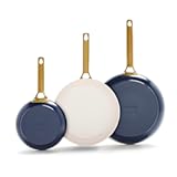 Hard Anodized Healthy Ceramic Nonstick 8" 10" and 12" 3 Piece Frying Pan Skillet Set&comma; Gold Handle&comma; Induction&comma; PFAS-Free&comma; Dishwasher Safe&comma; Oven Safe&comma; Twilight Blue