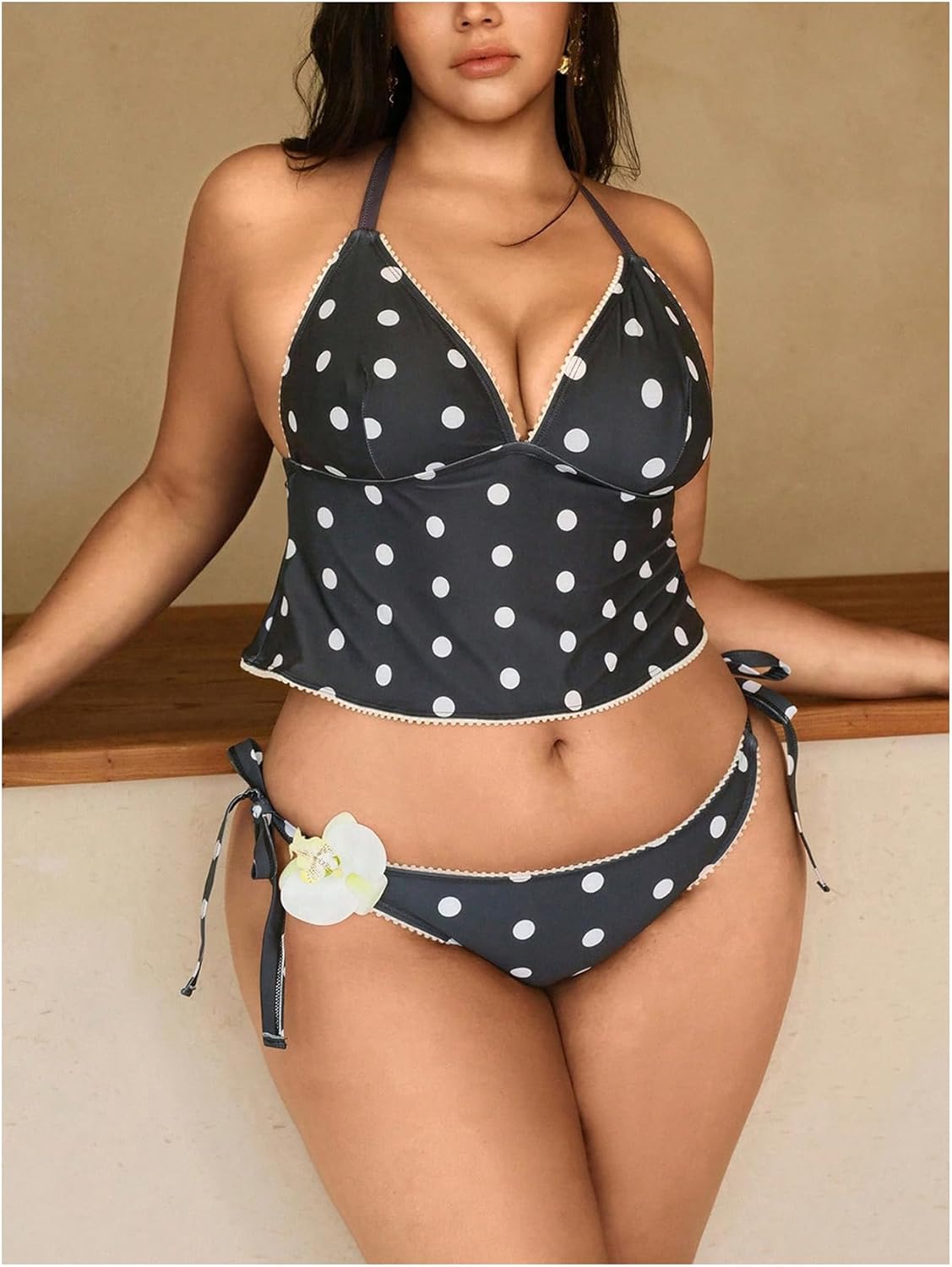 Verdusa Women's Plus Size 2 Piece Polka Dots Halter Tankini Swimsuits Tie Backless Babydoll Tops with Panty
