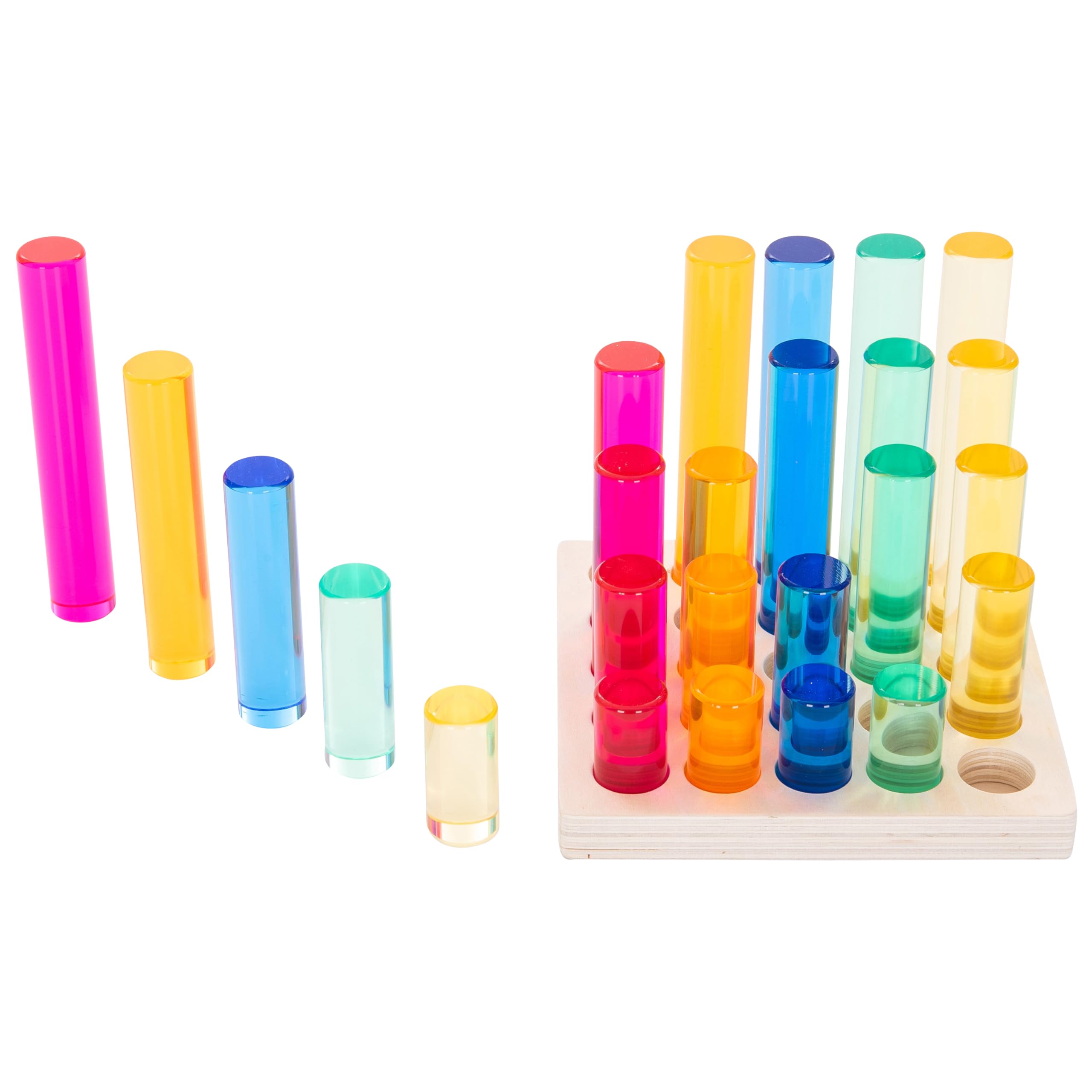 tickit Graduated Gem Columns Play Set with Wooden Storage Tray 25 Translucent Acrylic Cylinders for Stacking, Colour Mixing, Measurement, Construction & Sensory Learning - Image 4