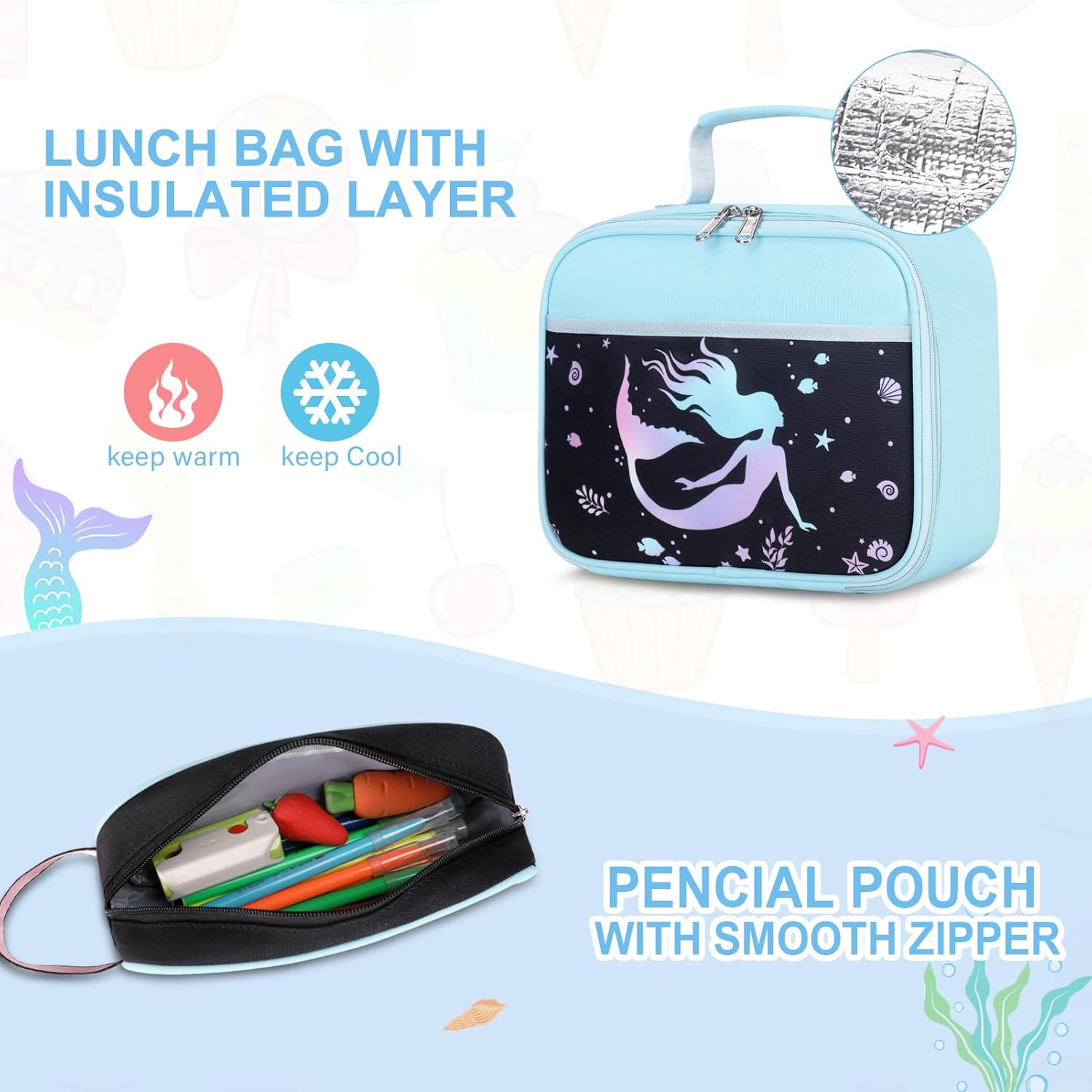 Bevalsa Kids Backpack for Girls with Insulated Water Bottle, Blue Cute Bookbag for Girls Kid, 14oz Termos Kids Water Bottle, Insulated Lunch Bag & Pencial Case, Back To School Gift (Mermaid)