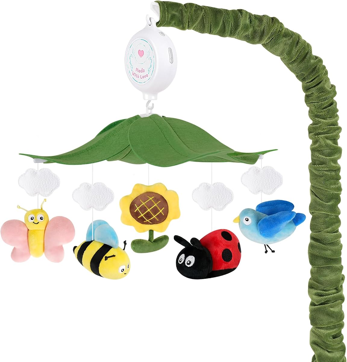 Móvil para cuna Garden Friends – Móvil para cuna con caja de música mejorada de 3 modos, móvil para guardería con mariposas, abejas, pájaros para niños y niñas, se adapta a cunas estándar, decoración de guardería forestal