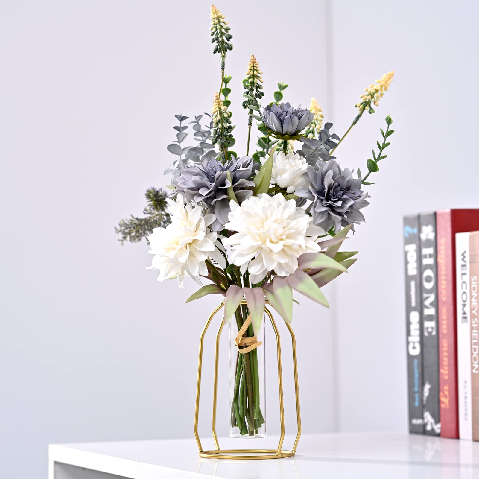 GDSSG Composizioni di fiori artificiali, come fiori in vera seta, centrotavola per tavolo, finta dalia bianca e blu, decorazione per la casa