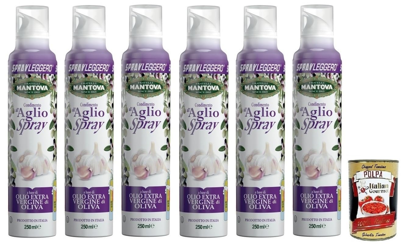 Fratelli Mantova Condimento all'Aglio Spray Nativem Olivenöl Extra Knoblauch aromatisiert 250ml + Italian Gourmet Polpa di Pomodoro 400g