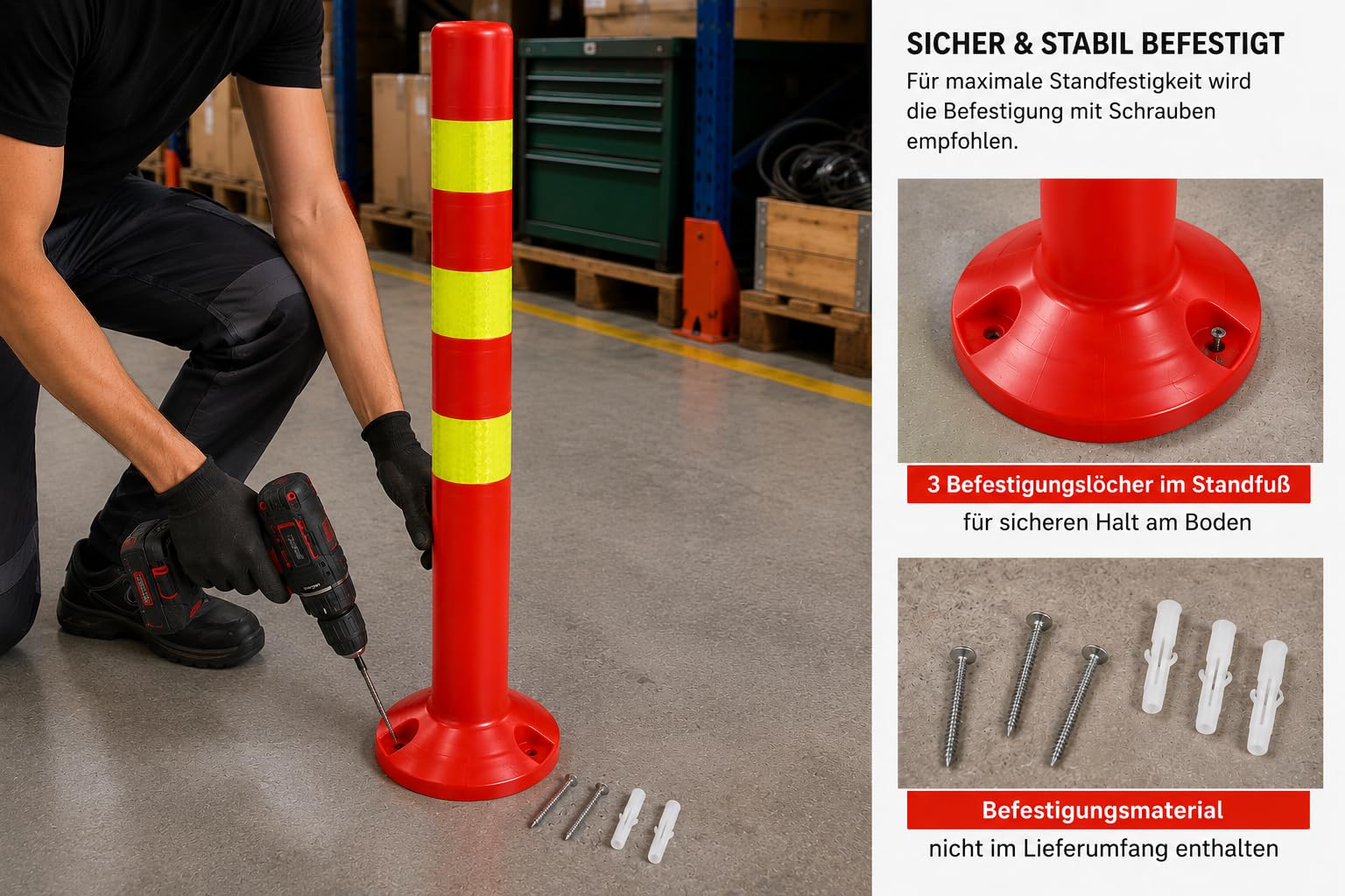 Juego de 10 postes de plástico – Altura 72,5 cm de bloqueo reflectante para almacén, aparcamiento con soporte, fijación con tornillos – Soporte de barrera – Parque postes guía bolardos